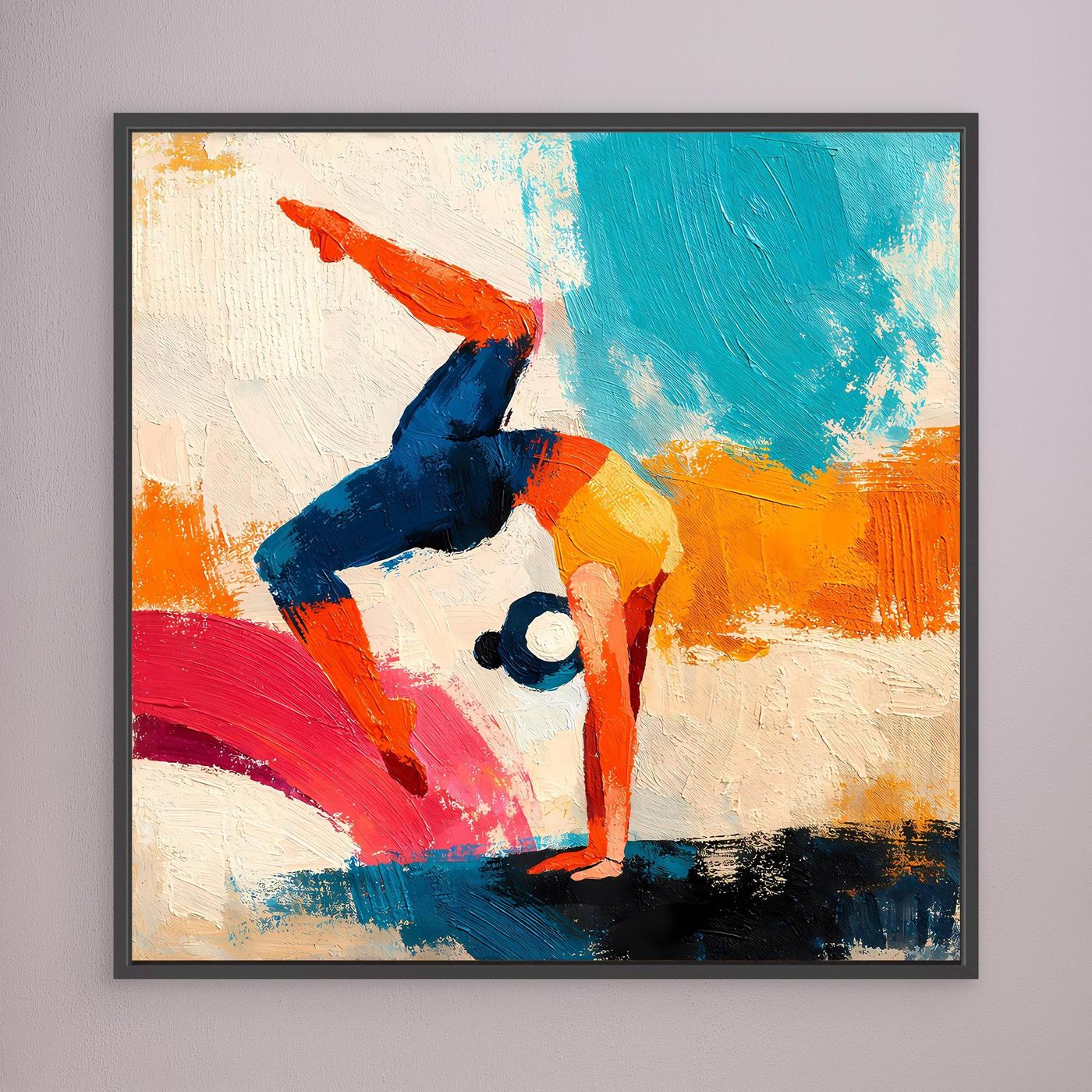Handstand gymnast wall art canvas with dark frame, colorful abstract figure