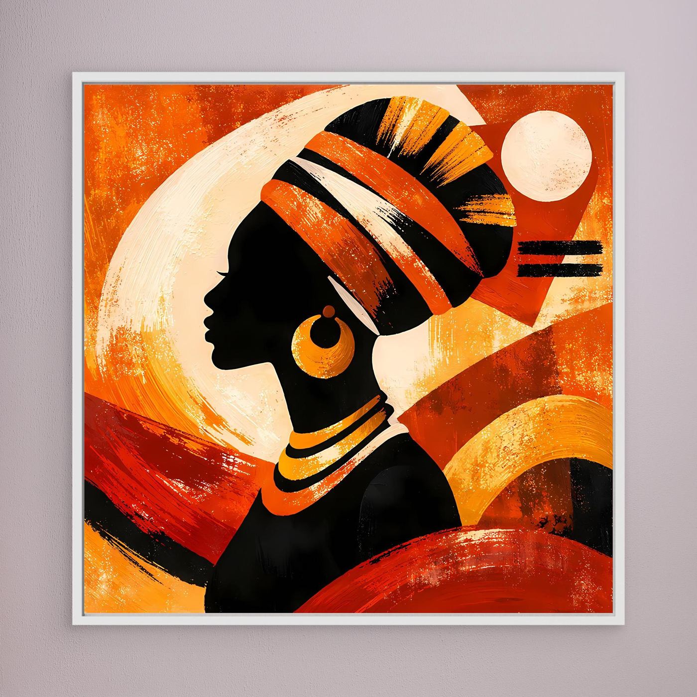 Leinwandbild mit Porträt einer Frau im hellen Rahmen, orange-goldene Ethno-Illustration
