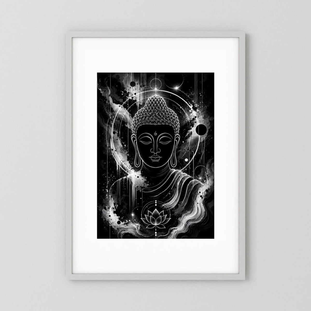 Hochformat-Poster mit Buddha-Illustration in Schwarzweiß, Lotus und kosmischer Aura, im Rahmen