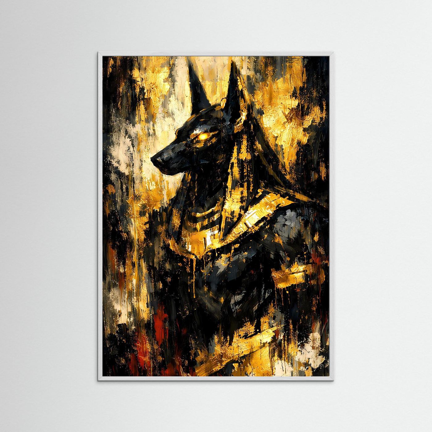 Abstraktes Anubis-Ägyptenposter, goldene Lichtakzente auf dunklem Hintergrund
