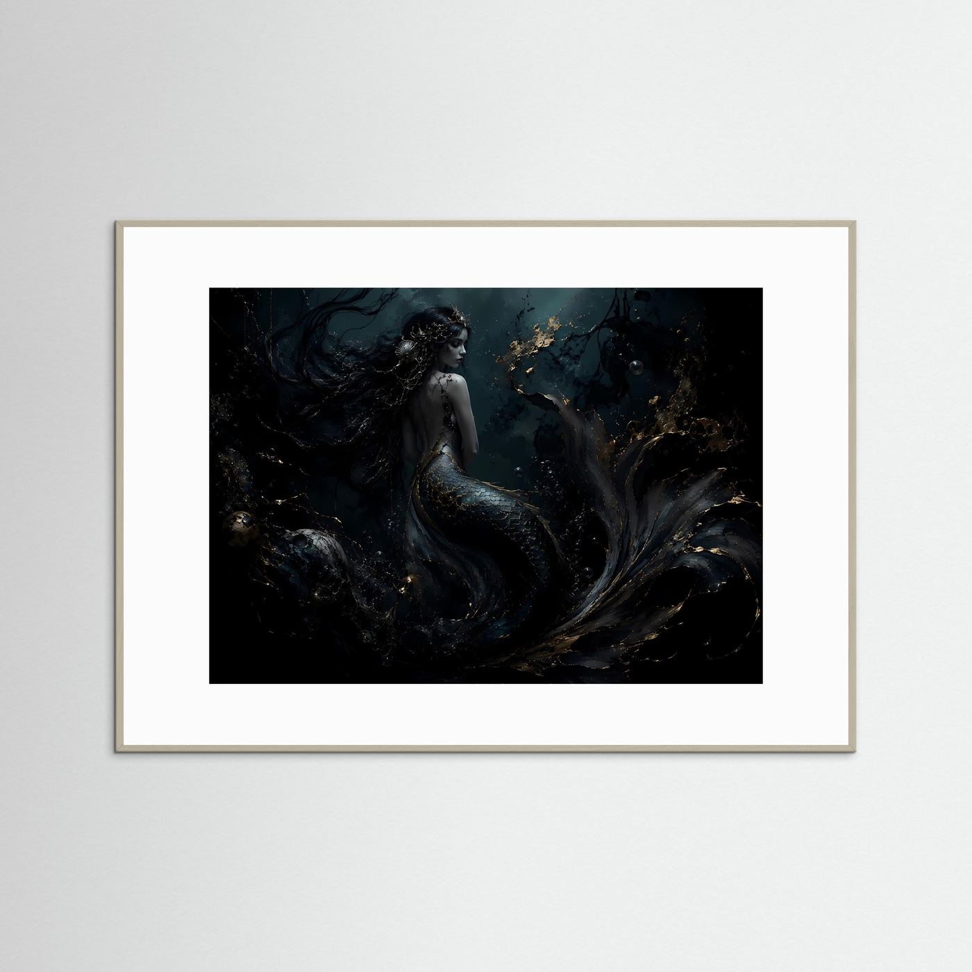 Meerjungfrau Poster | Mystische Unterwasser Kunst | Dunkle Fantasy Wanddeko | Gold Schwarz Leinwandbild | Elegante Meereskunst