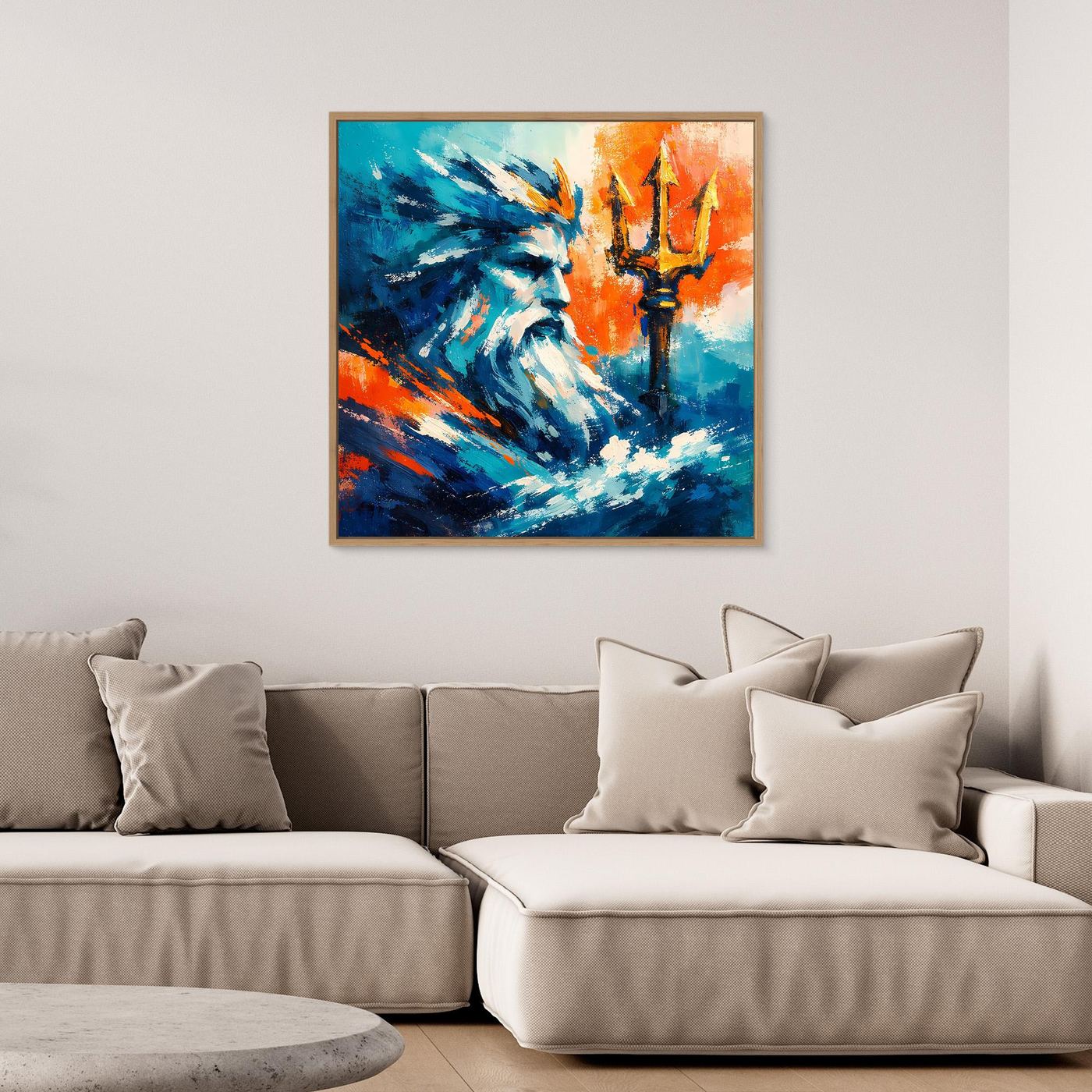 Wall art with gold frame, blue waves, teal face, orange candles