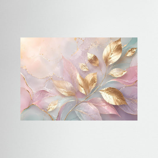 Poster mit goldenen Blättern, pastellfarbenes botanisches Motiv ohne Rahmen