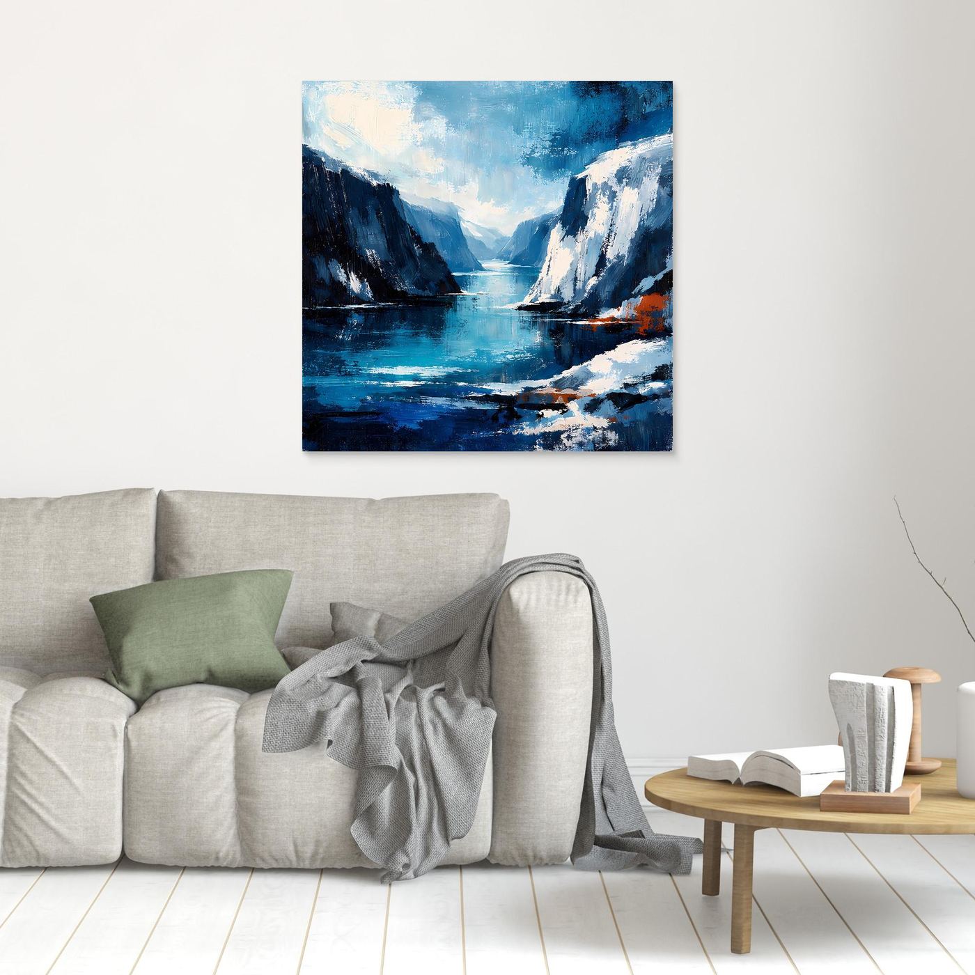 Leinwand-Wandbild mit abstrakter Felsküste und blauem Meer, hellbraun gerahmt