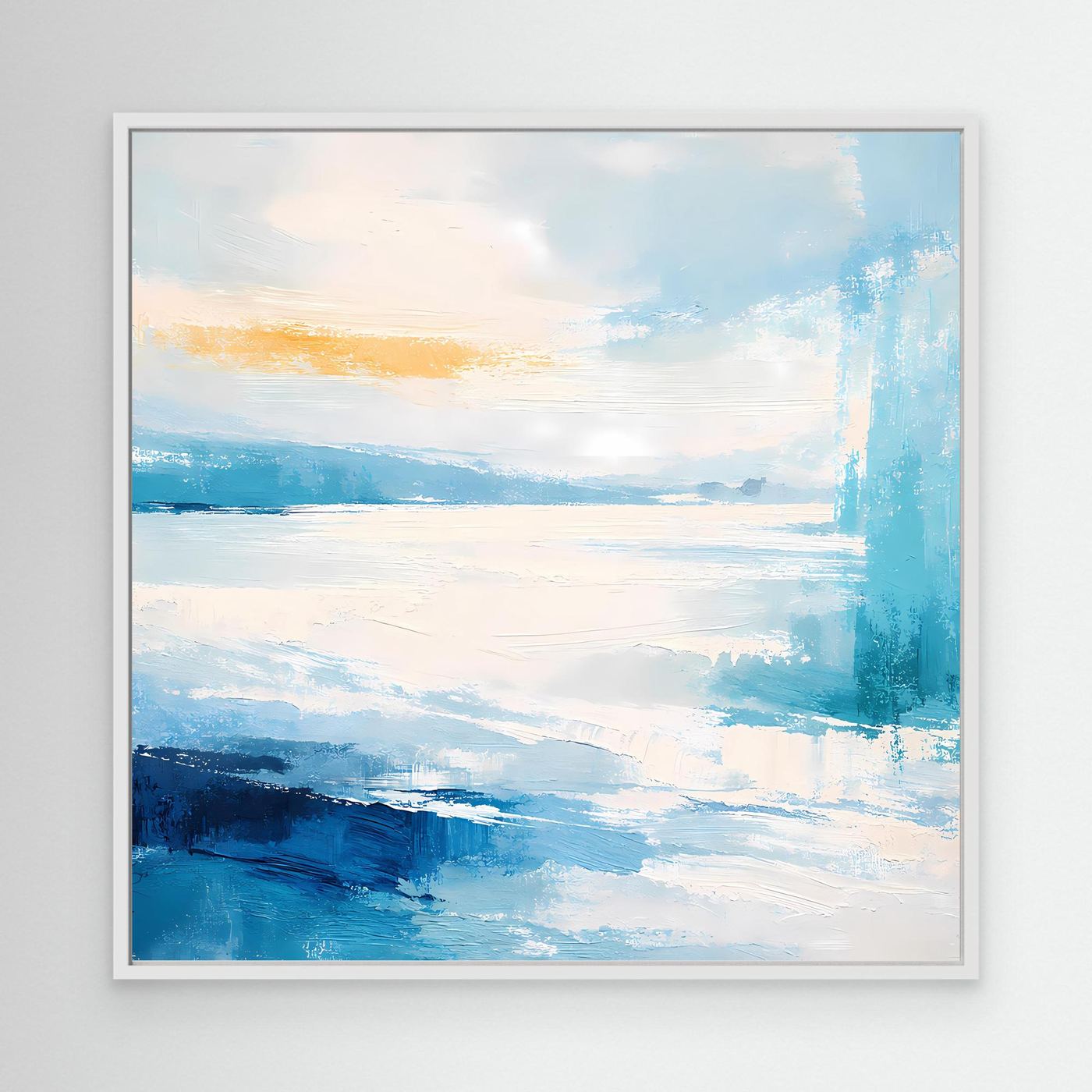 Wandbild auf Leinwand mit maritimer abstrakter Küstenlandschaft, weißer Rahmen