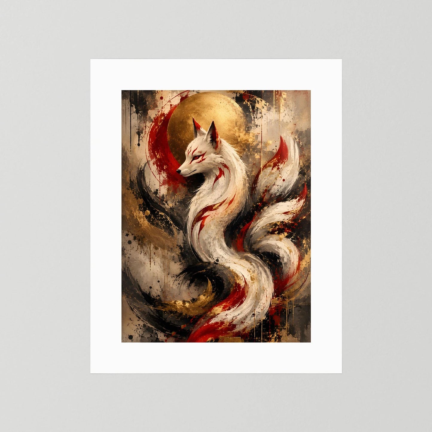 Kunstposter im Hochformat mit weißem Fuchs vor goldenem Mond, ohne Rahmen.