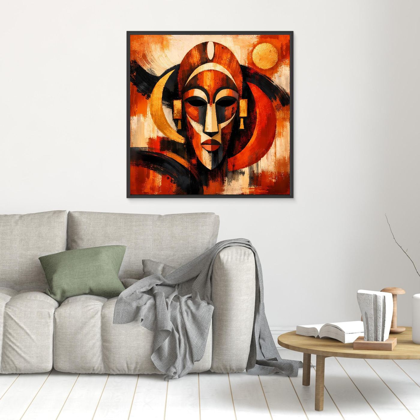 Kleines gerahmtes Leinwandbild mit afrikanischer Maske, Rot-Orange, Schwarz und Goldakzenten