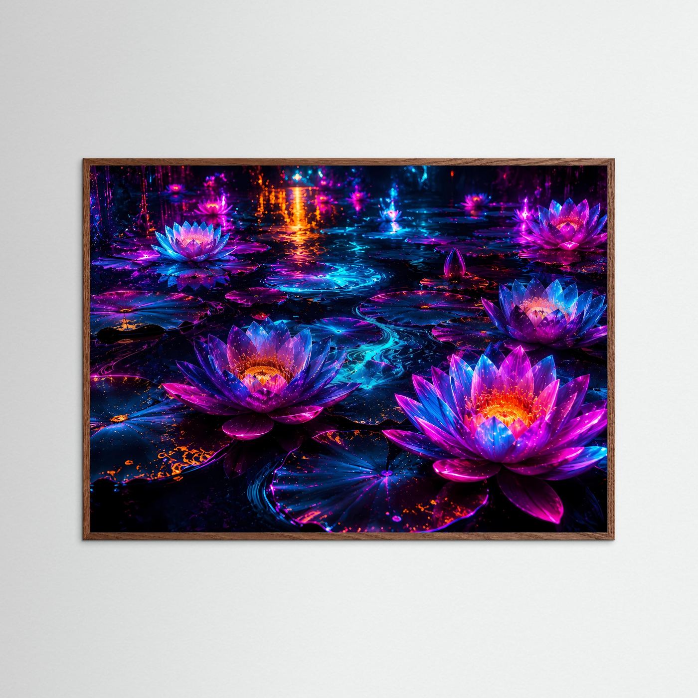 Lotusblüten Neon Poster Querformat | Leuchtende Seerosen Fantasy Wandkunst | Abstrakte Moderne Kunst