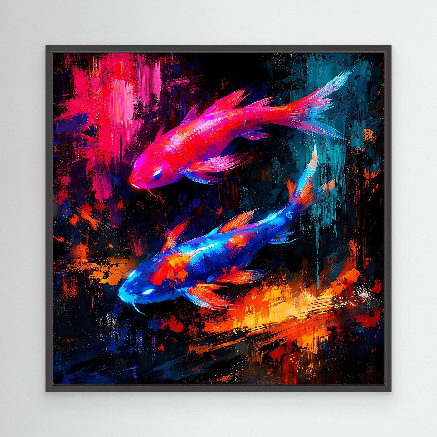 Leinwandbild mit leuchtenden Koi-Fischen in Pink-Blau, schwarz gerahmt