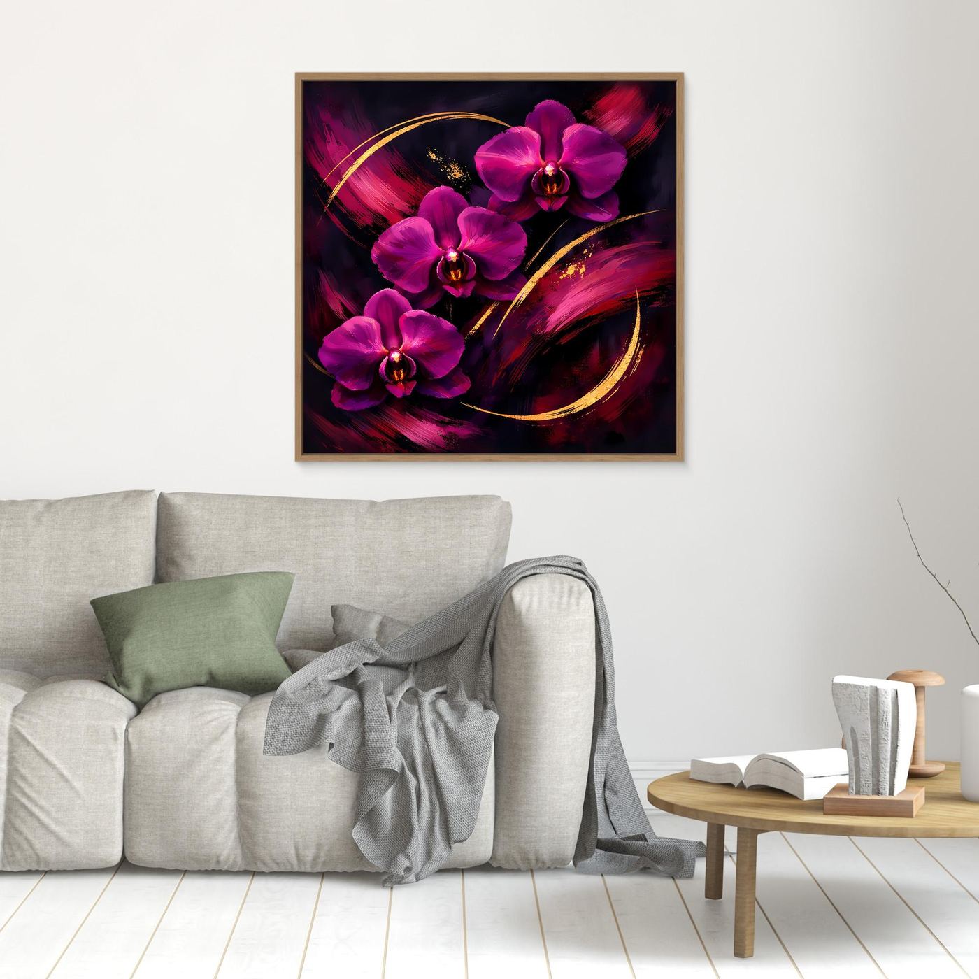Leinwandbild mit magenta Orchideen und goldenen Bögen im Holzrahmen über Sofa und Couchtisch