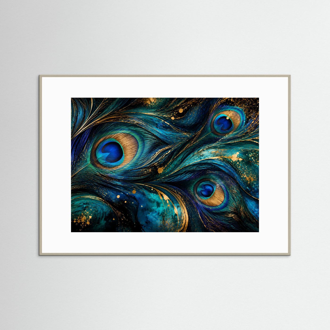 Pfauenfedern Poster | Luxuriöse Blau Gold Wandkunst | Elegantes Abstraktes Pfauenfeder Bild | Modernes Wandbild | Premium Wall Art