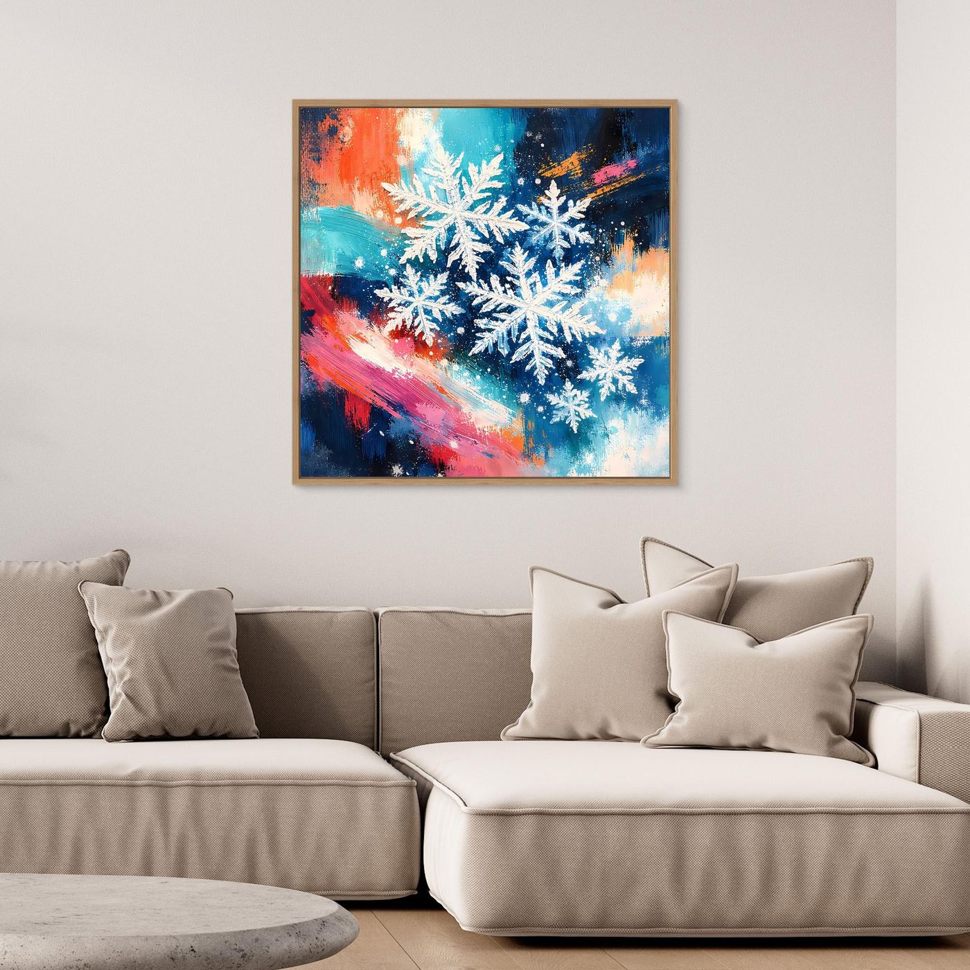 Leinwand-Wandbild mit abstrakten Schneeflocken, weiß auf blau-orangen Farbflächen, brauner Rahmen