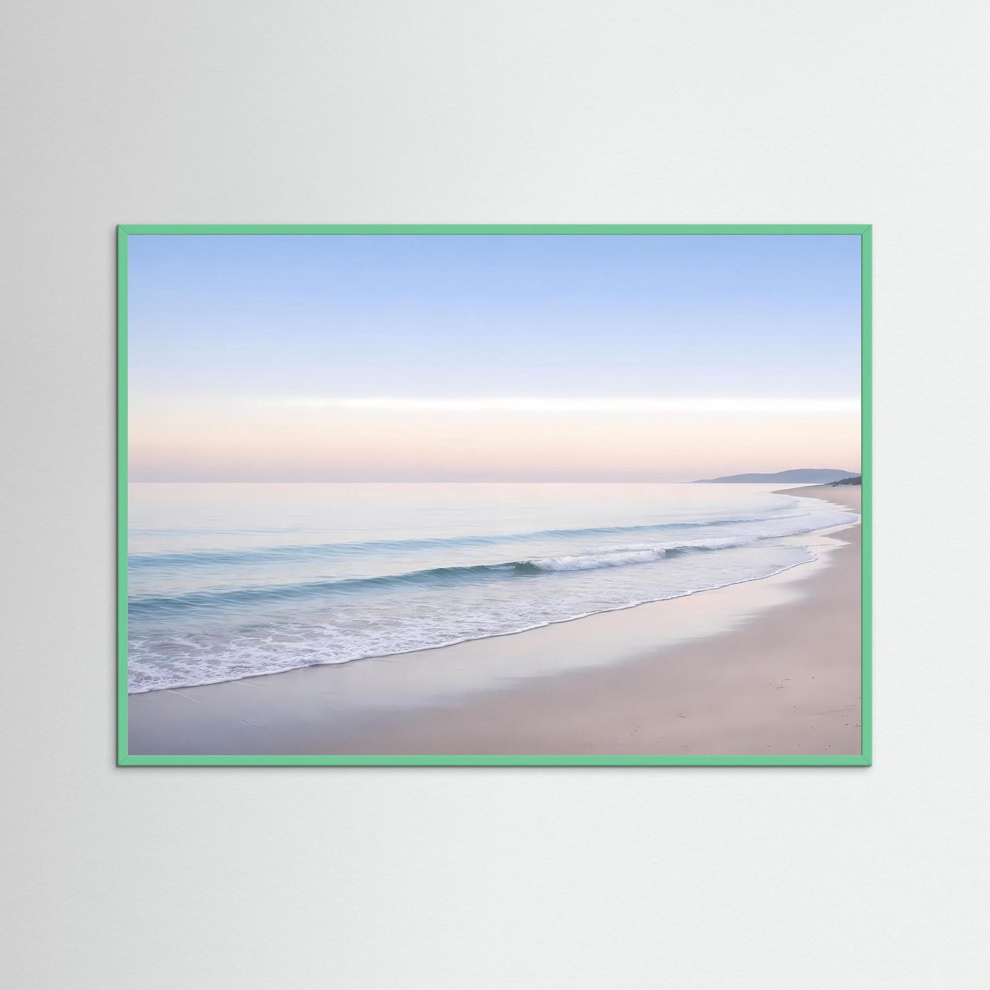 Wandbild Poster mit Strand und Wellen in Pastellfarben, grüner Rahmen