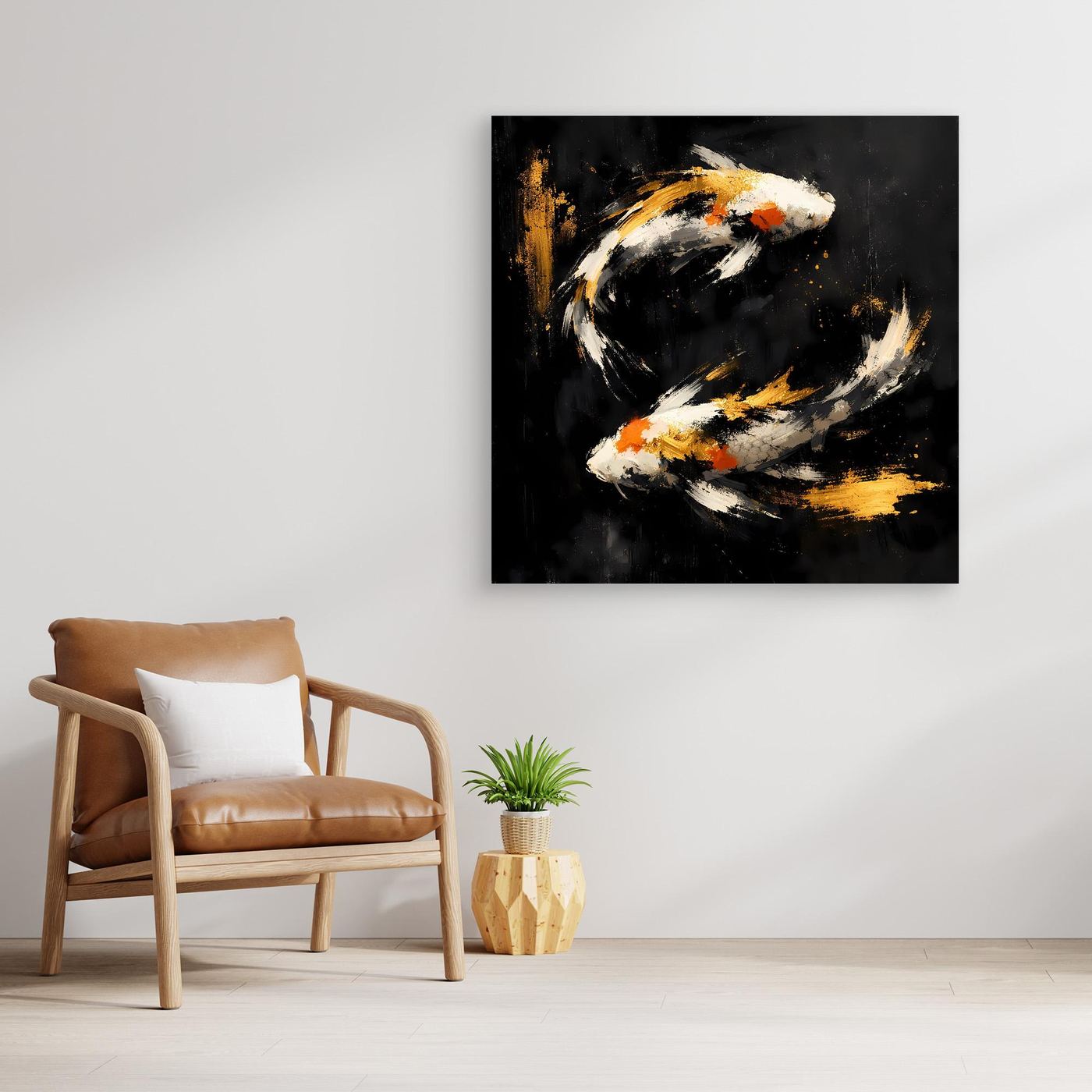 Leinwand Abstrakte Koi-Fische in Gold und Orange | Modernes Yin Yang Wandbild