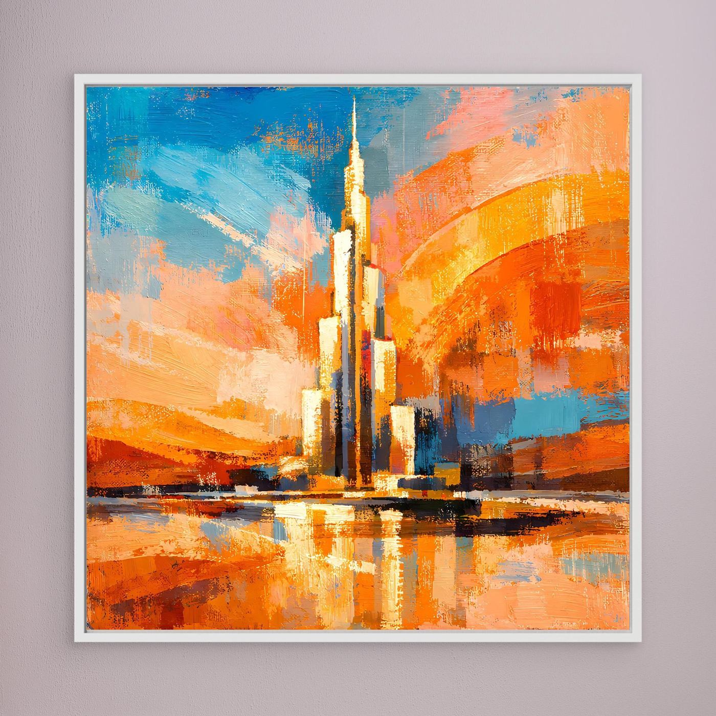 Leinwandbild mit abstraktem Burj-Khalifa-Motiv, Spiegelung im Farbverlauf, weißer Rahmen