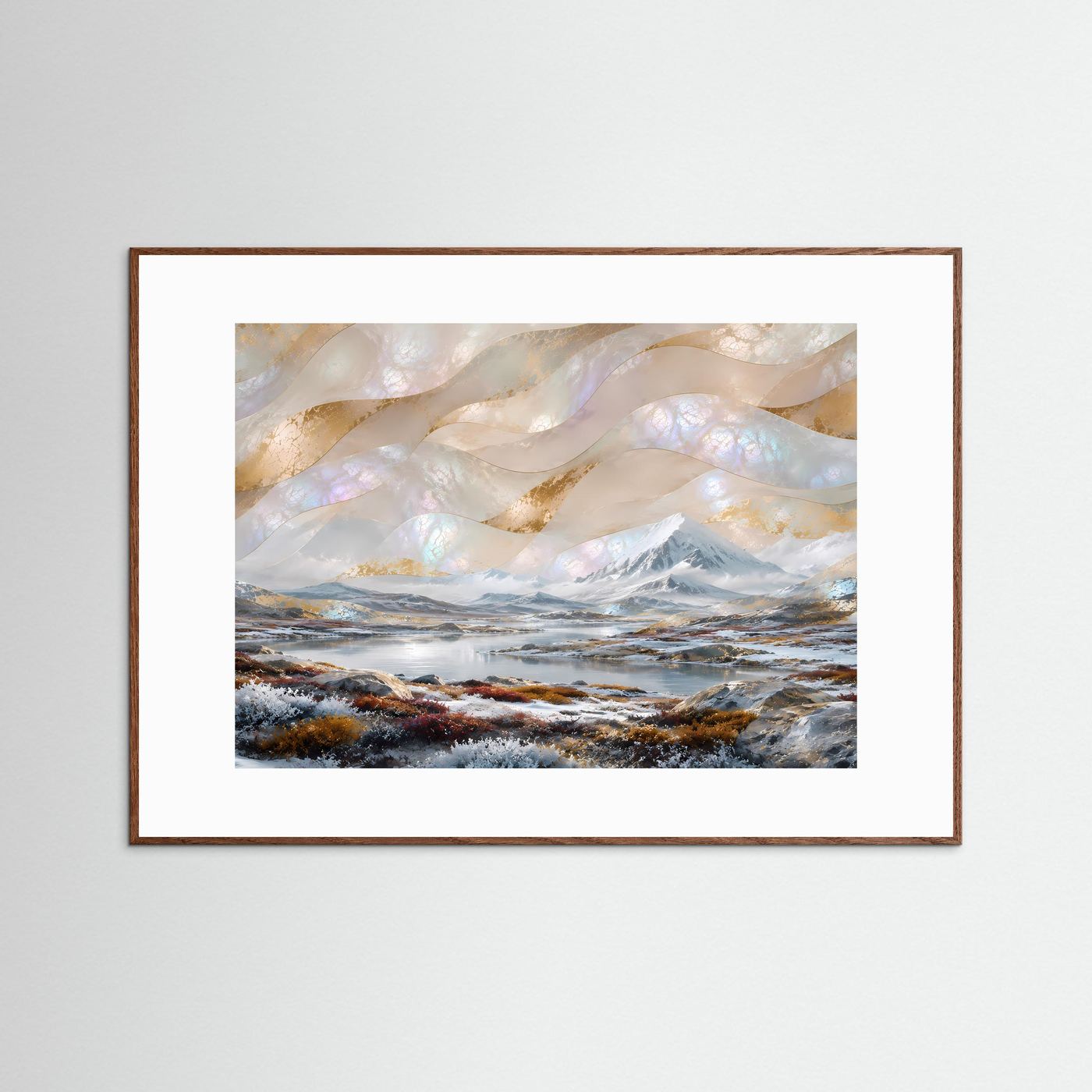 Poster mit abstrakter Winterlandschaft, Berge und See; brauner Holzrahmen