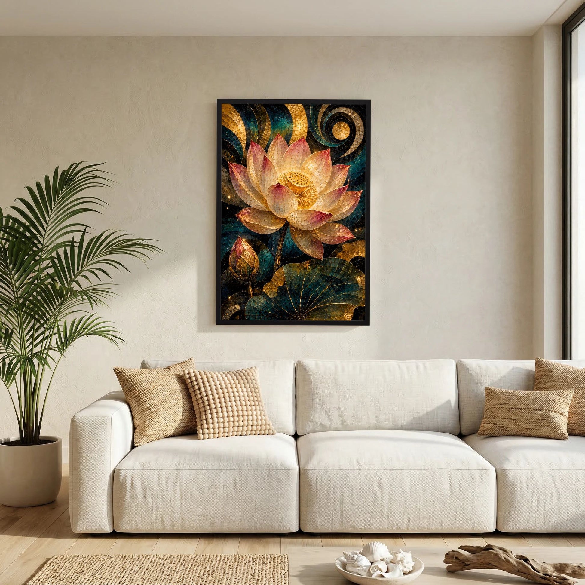 Wandposter mit Lotusblüte-Mosaik in Gold, Petrol und Rosa, schwarzer Rahmen