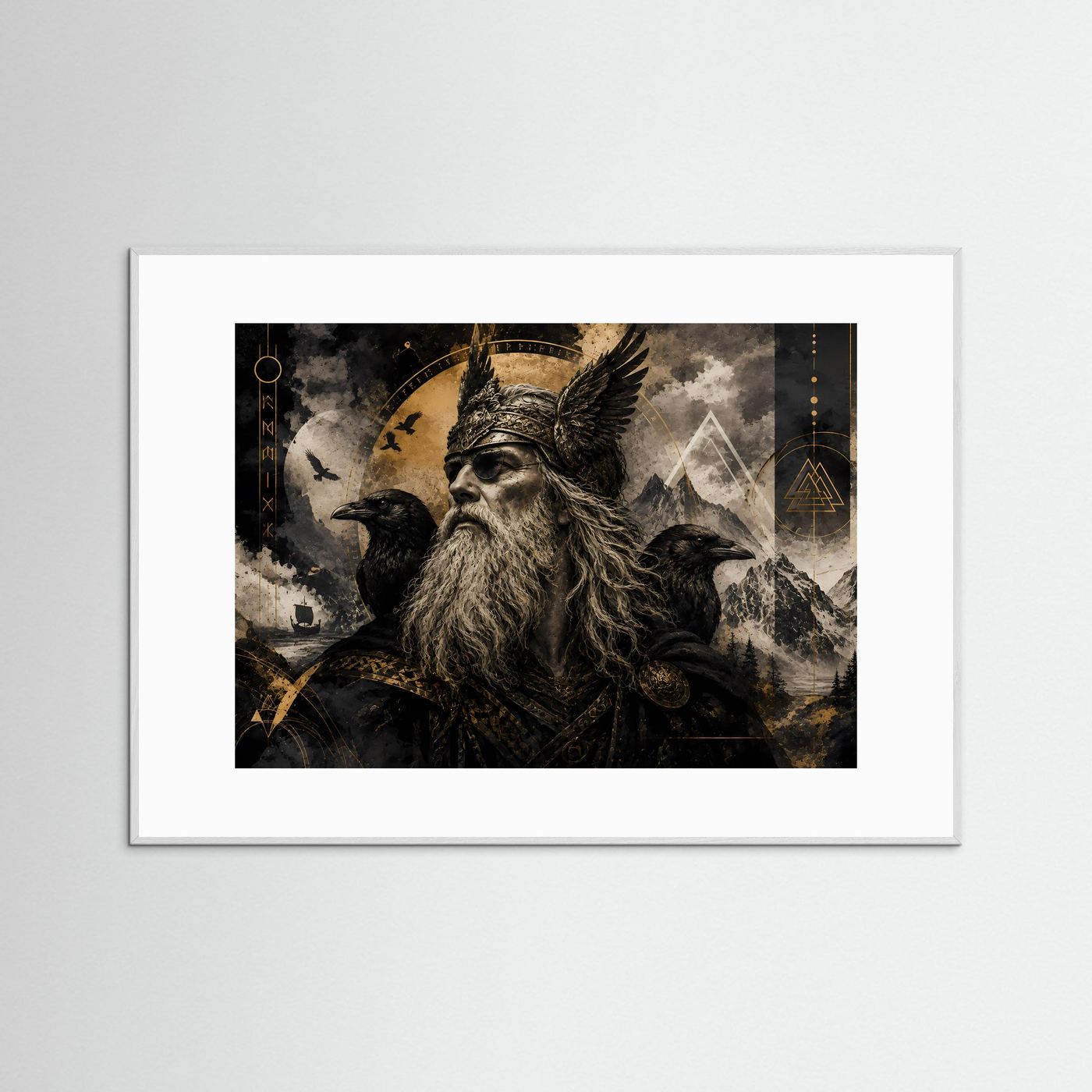 Querformat-Poster mit Odin und Raben, dunkler Motivdruck mit goldenen Akzenten, in grauem Rahmen