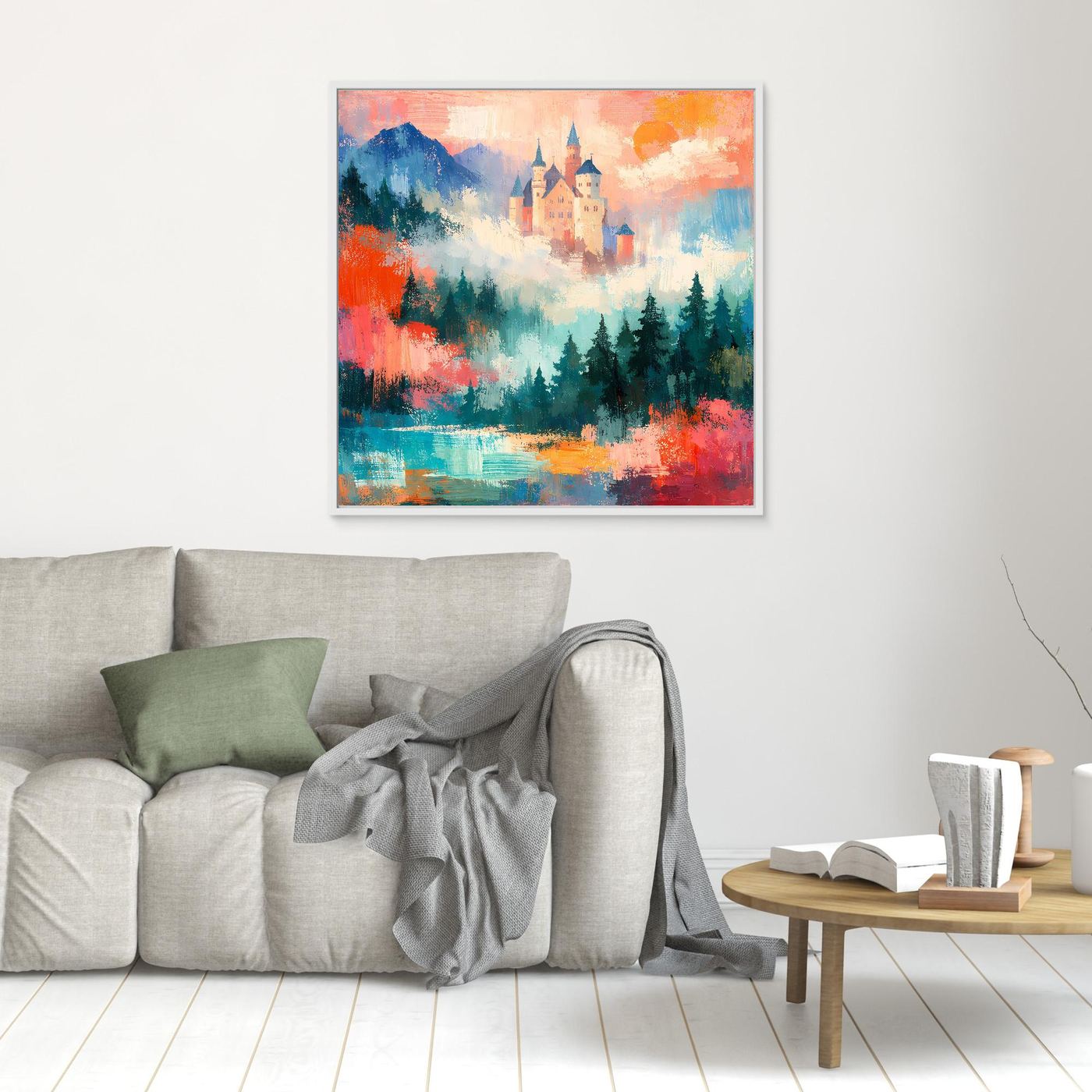 Abstraktes Leinwand-Wandbild mit Schloss und Bergsee, weiß gerahmt
