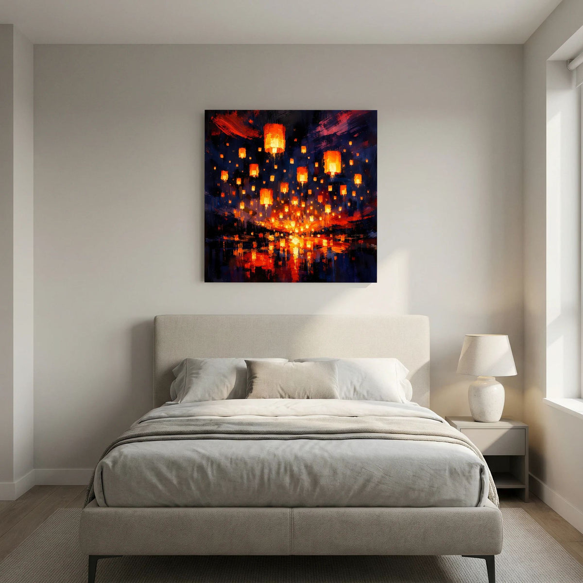 Keilrahmen-Leinwand mit zentralem Laternenlicht und vielen kleinen orangefarbenen Lichtpunkten