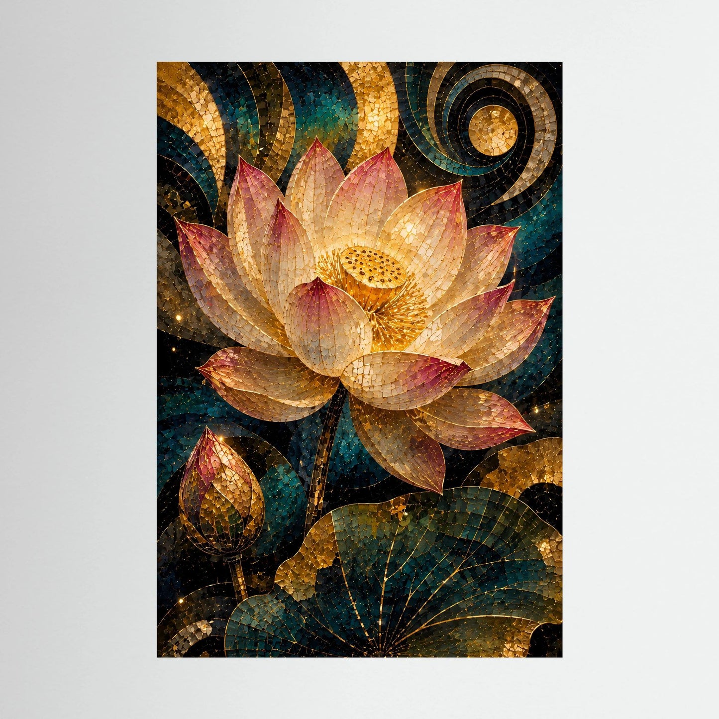 Hochformat-Poster mit goldener Lotusblüte im Mosaik, Petrol und Rosa