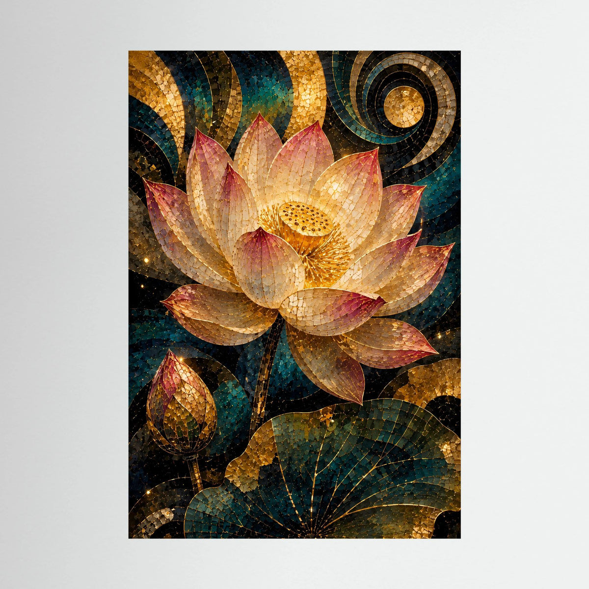Hochformat-Poster mit goldener Lotusblüte im Mosaik, Petrol und Rosa