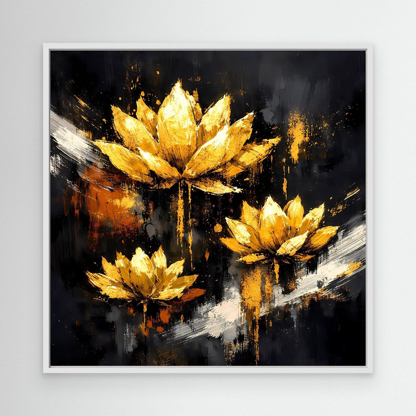 Leinwand Edle Lotusblüten in Gold und Schwarz | Modernes Florales Luxus Wandbild