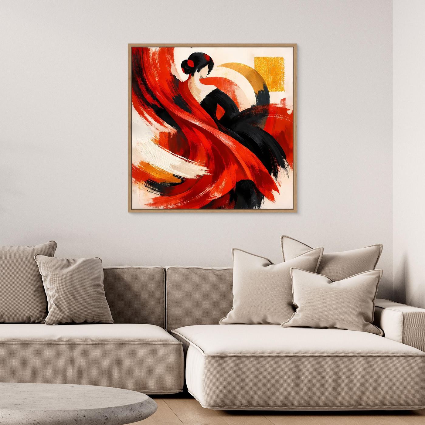 Gerahmtes Leinwandbild Flamenco-Tänzerin, rote und schwarze Abstraktion, helle Holzrahmung