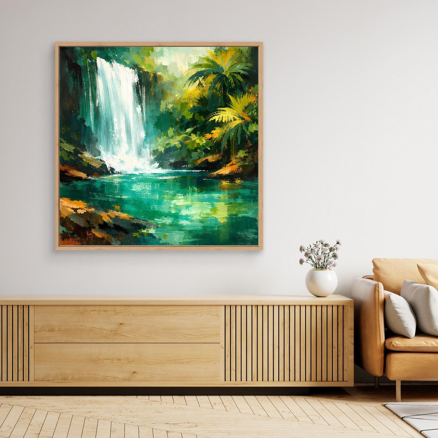 Leinwand Abstraktes Dschungel Wandbild mit Wasserfall | Modernes Natur Kunstwerk Grün
