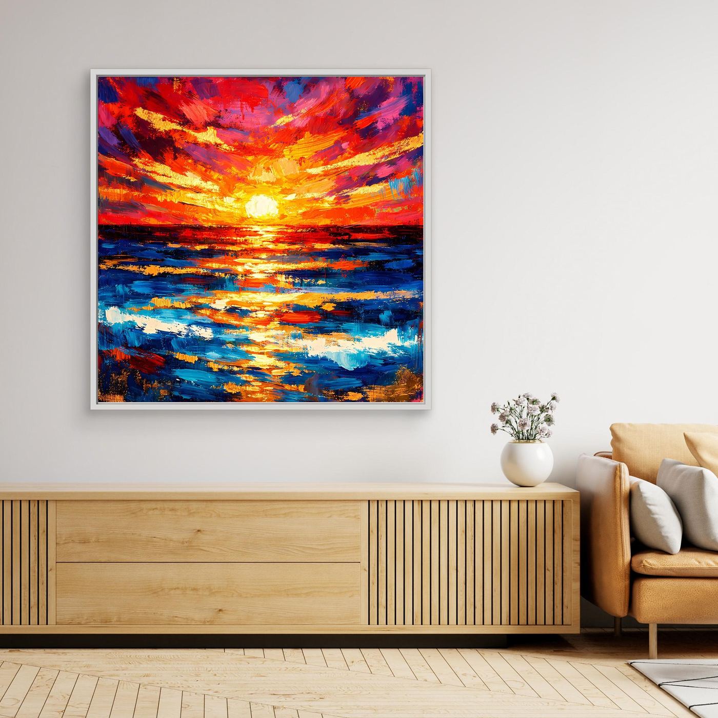 Leinwandbild Sonnenuntergang am Meer, abstrakt bunt mit Rahmen