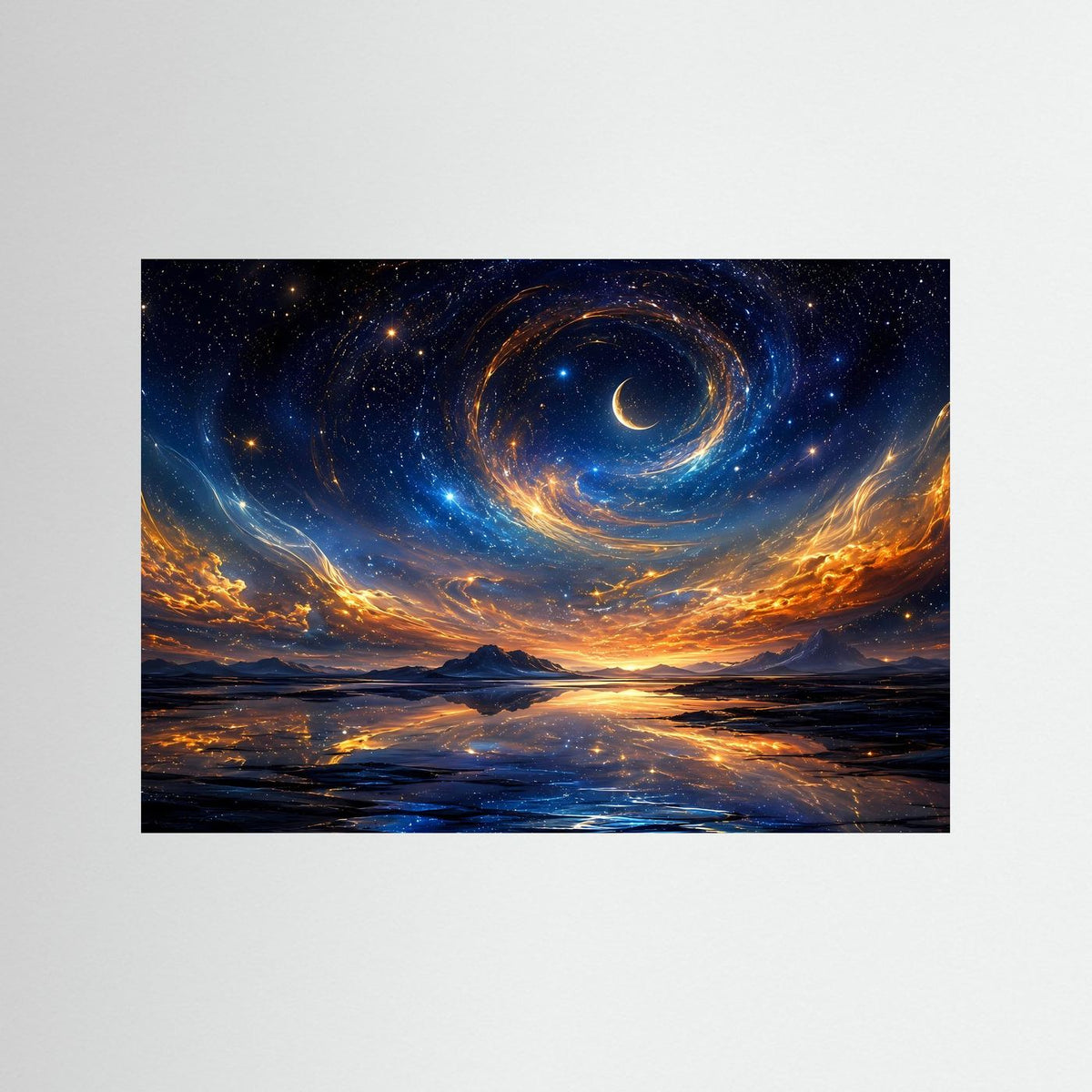 Poster mit abstraktem Sternenhimmel und Mondsichel in goldblauem Spiralnebel