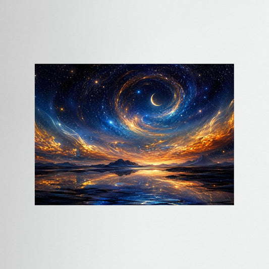 Poster mit abstraktem Sternenhimmel und Mondsichel in goldblauem Spiralnebel