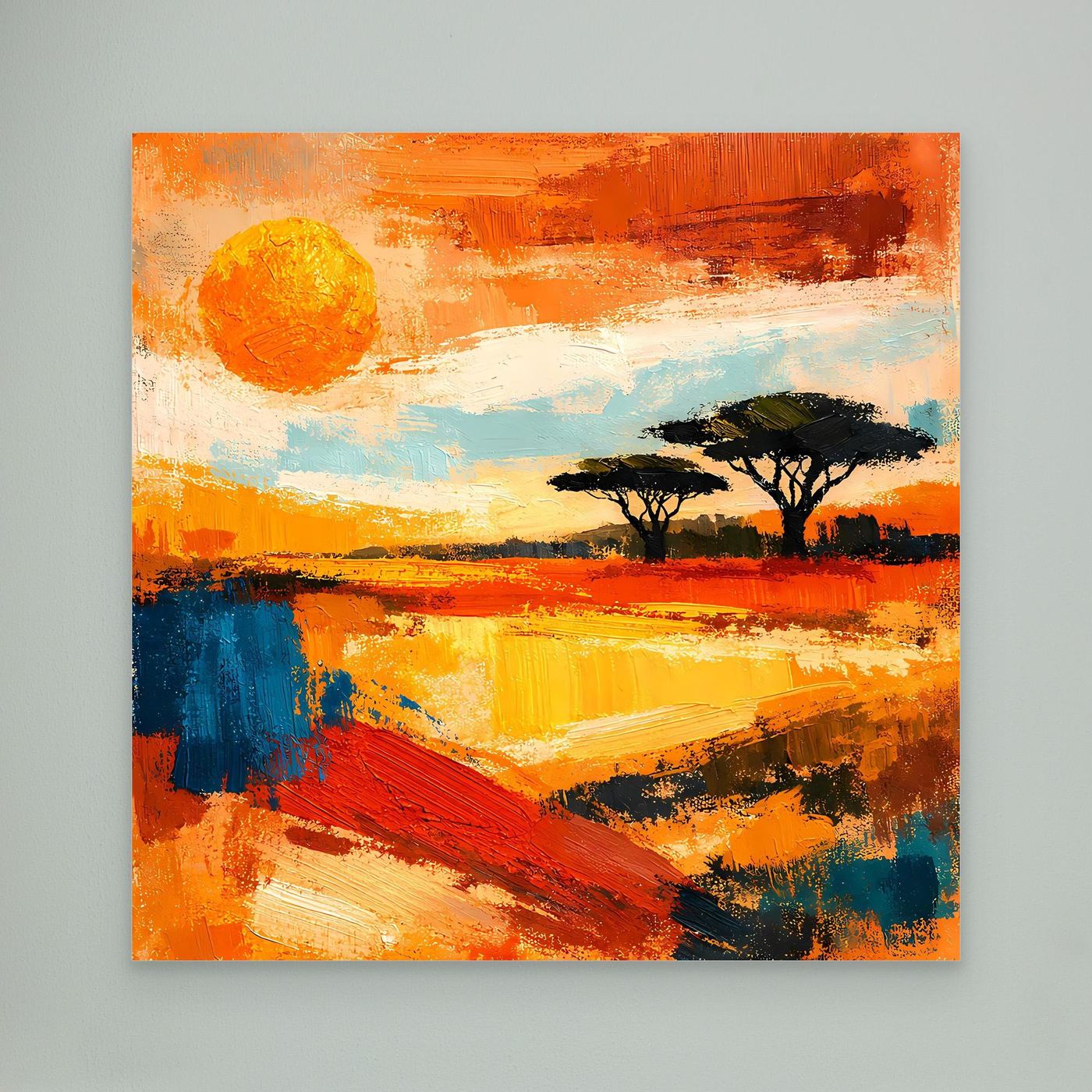 Abstract landscape canvas with orange sunset sky, bright sun disc, and acacia silhouettes.