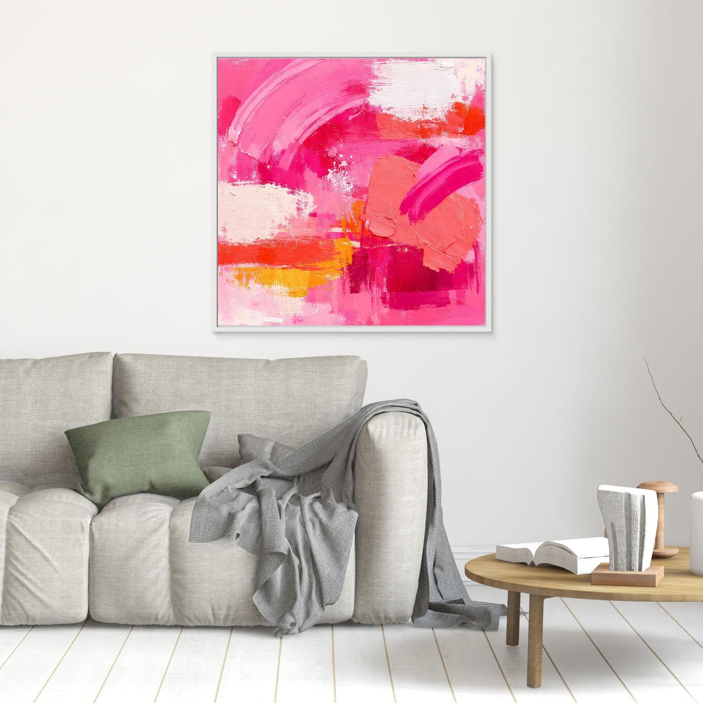Leinwand-Wandbild, abstrakt mit Pink- und Orangetönen sowie weißen Flächen; weißer Rahmen