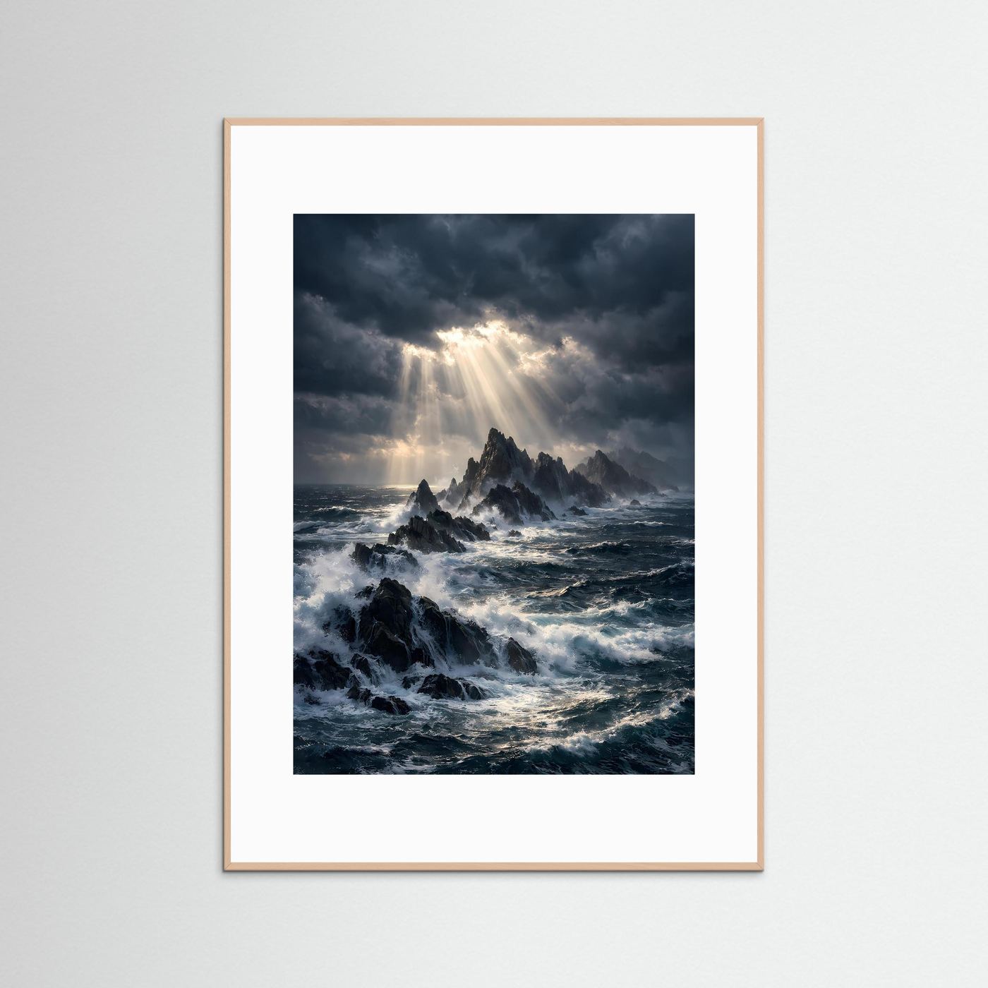 Hochformatiges Ozeanposter mit Klippen im hellen Holzrahmen und Lichtstrahlen
