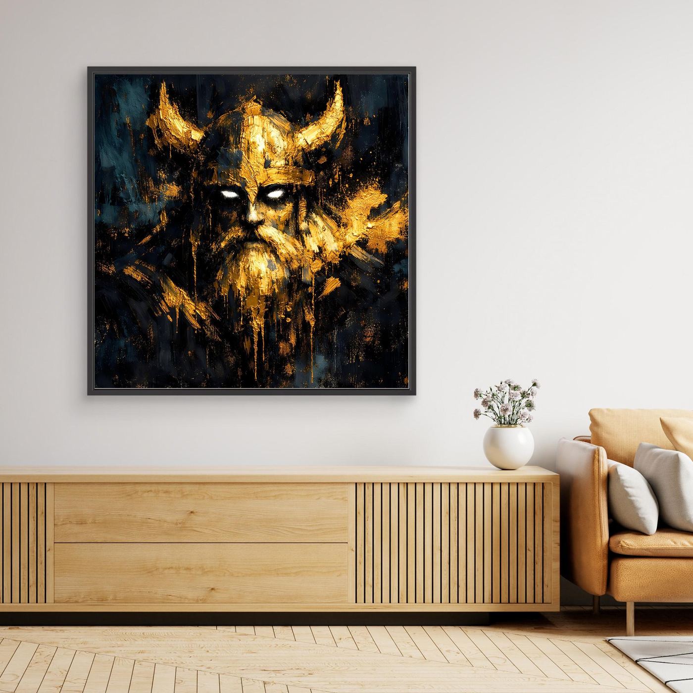Leinwand Mystischer Wikinger in Gold und Schwarz | Modernes Abstraktes Krieger Wandbild