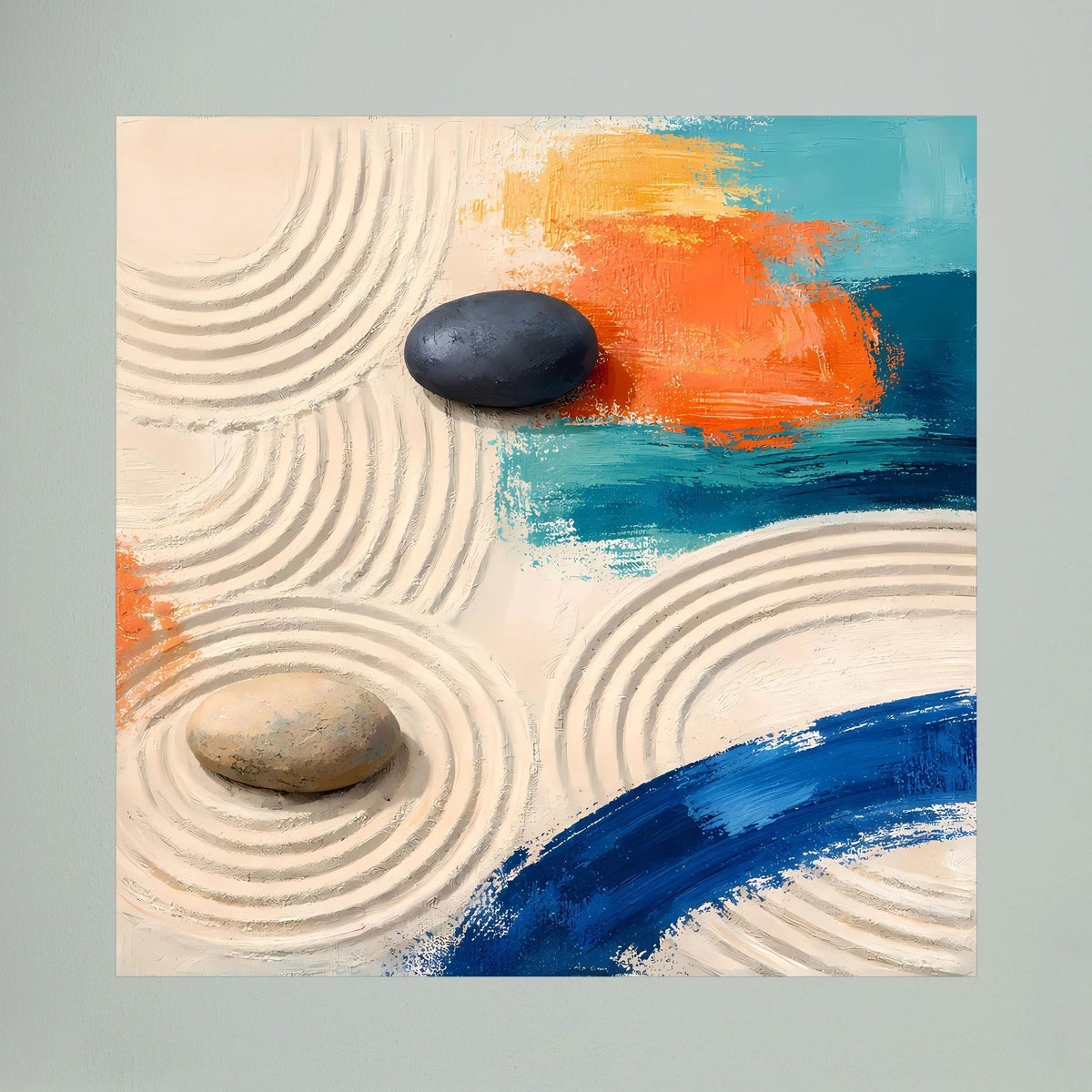 Abstraktes Leinwandbild: Sandwellen mit schwarzem und beigem Stein sowie orange-blauem Farbauftrag