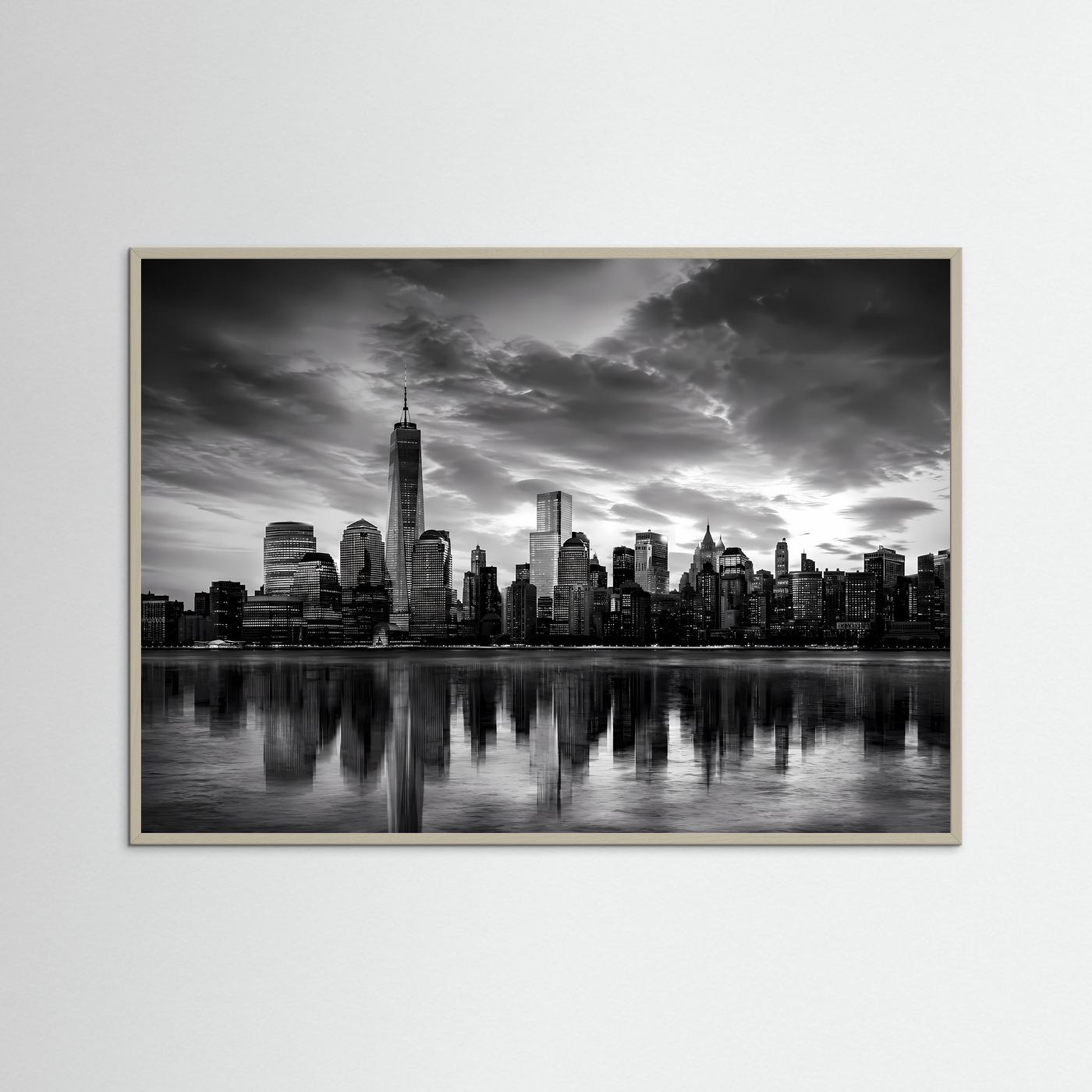 Schwarzweiß-Stadtpanorama als Poster mit Skyline und Spiegelung, grauer Rahmen