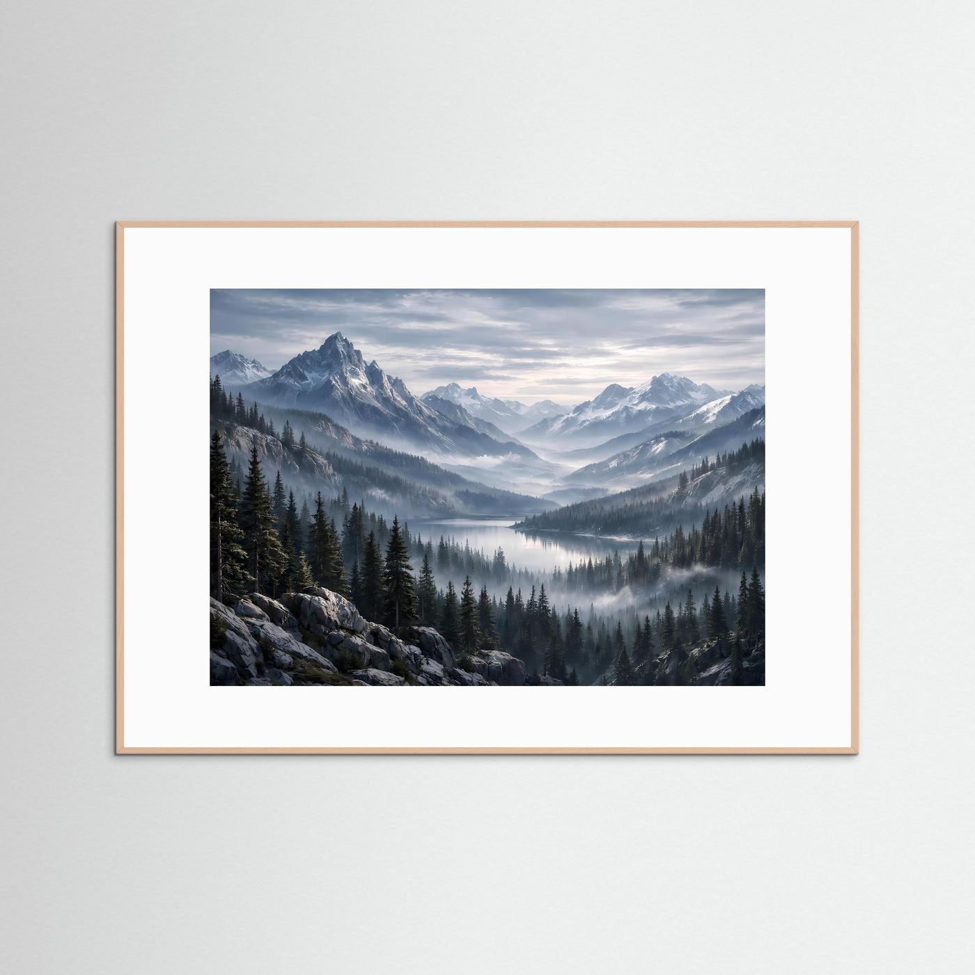 Querformat-Poster mit Bergsee-Landschaft, Nadelwald und Nebel, heller Holzrahmen