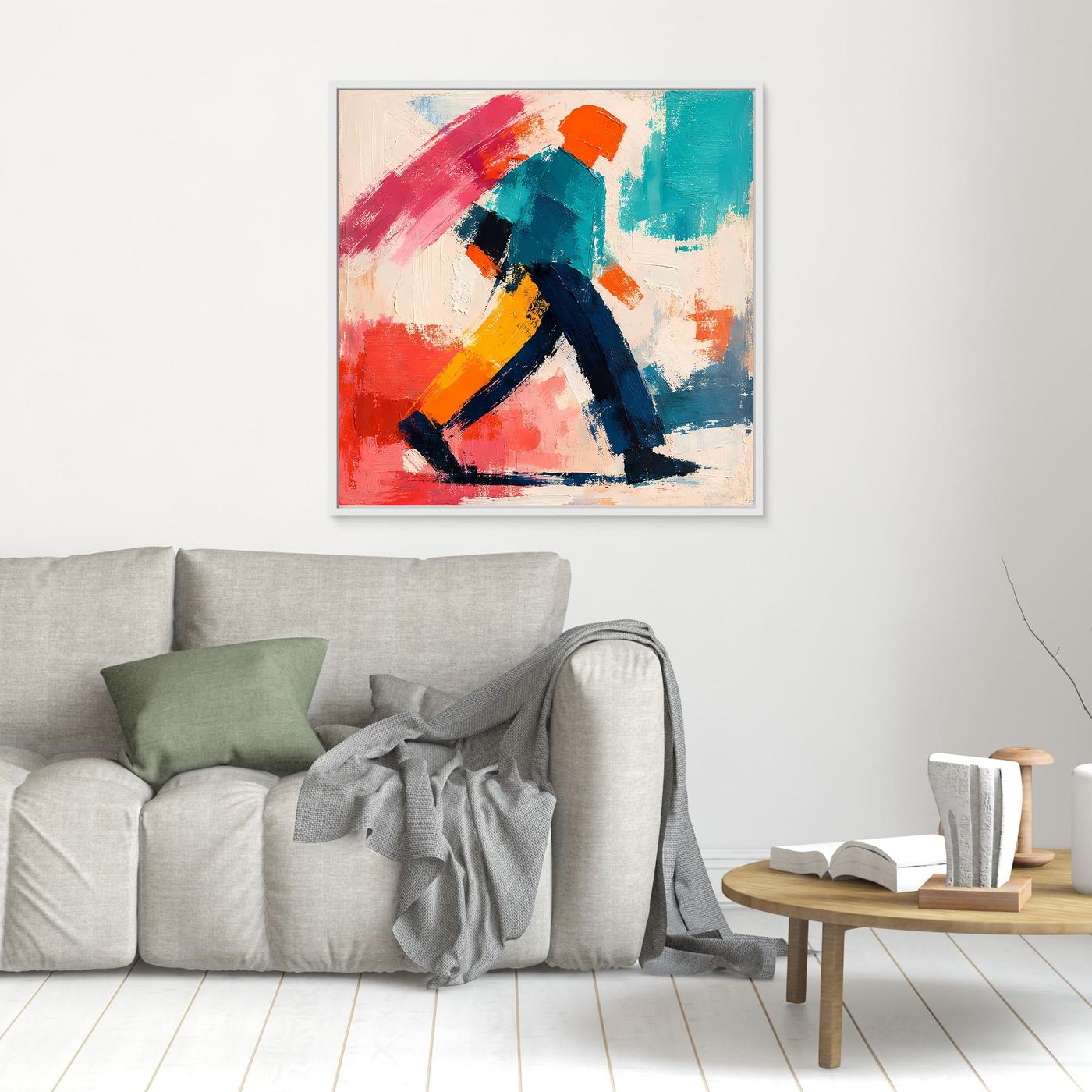 Abstract pop art wall canvas with walker figure, white frame, red, teal and navy paint strokes.