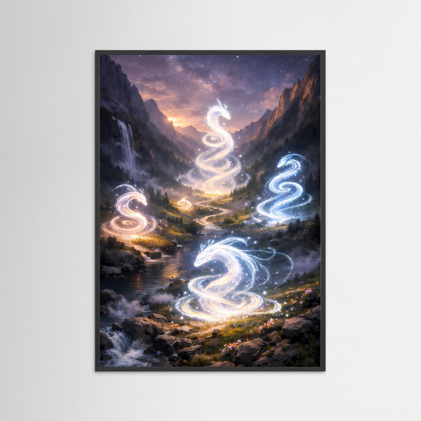Fantasy-Wandposter im schwarzen Rahmen, leuchtende Drachengeister im Flusstal