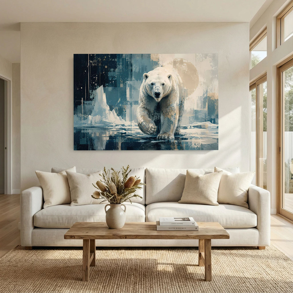 Querformat-Poster mit Eisbär im blau-beigen Abstraktstil, frontal laufend.