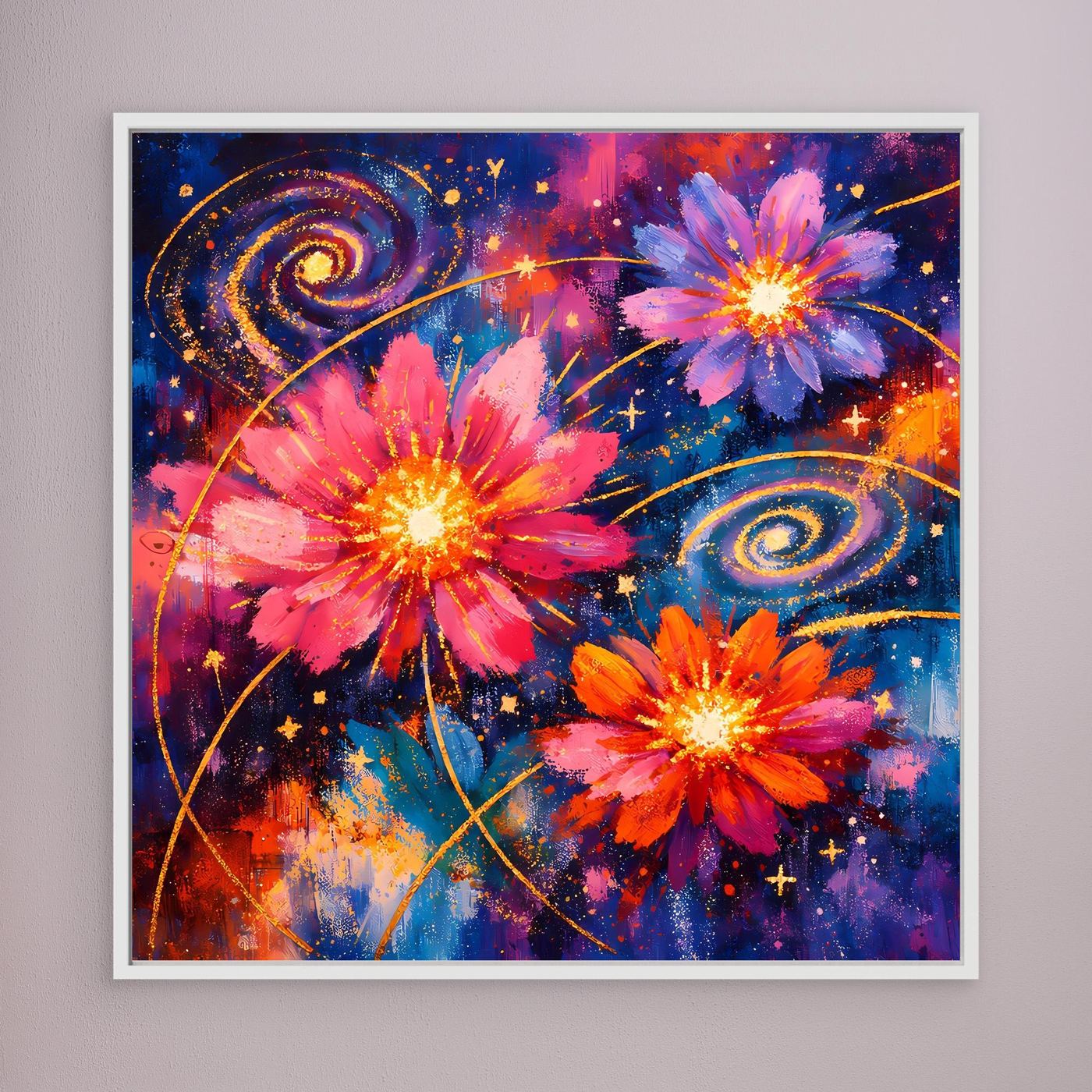 Wandbild mit rosa Blüten und orangefarbenen Sternenwirbeln, weiß gerahmt