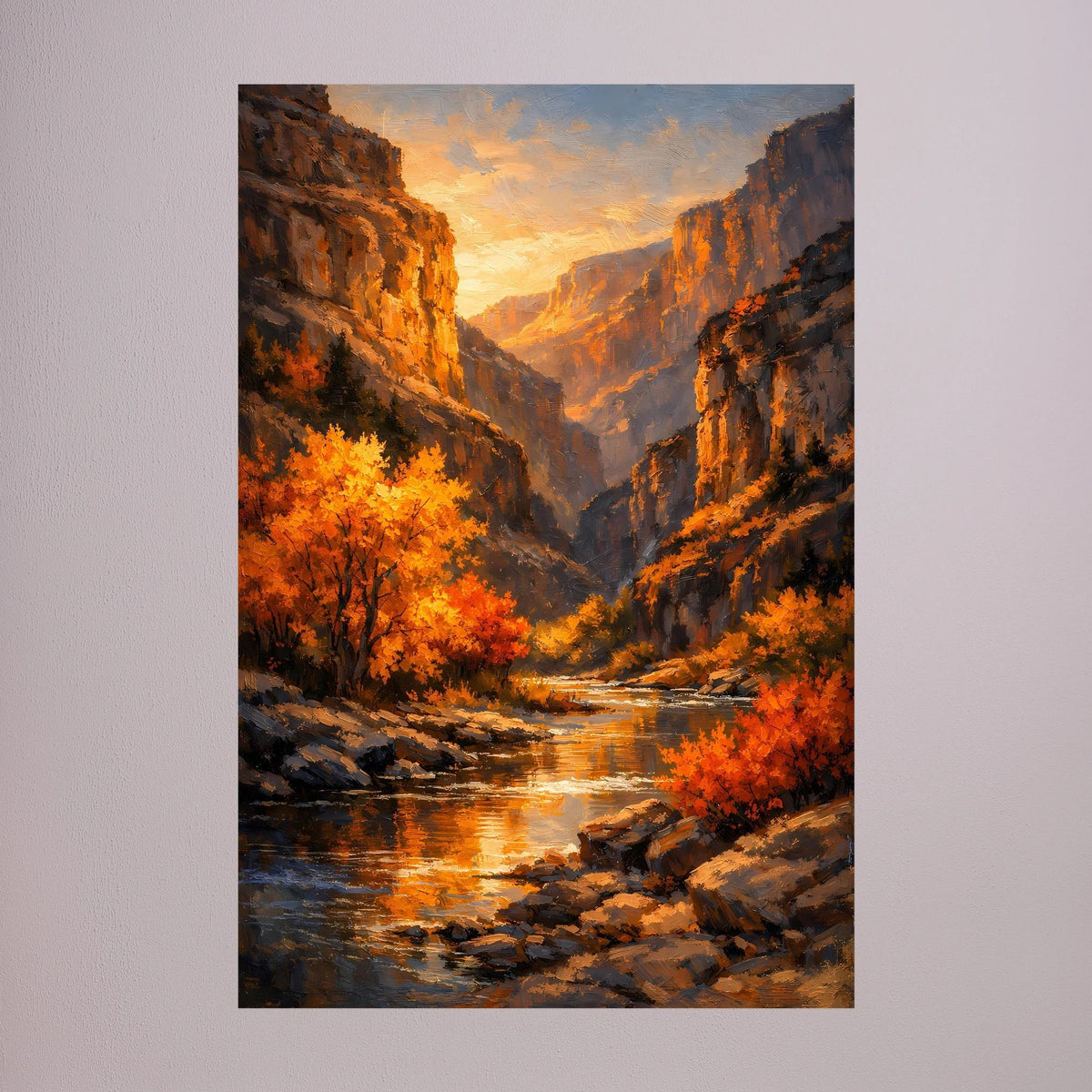 Wandbild im Hochformat mit Canyon, Herbstbäumen und Fluss im Sonnenuntergang.