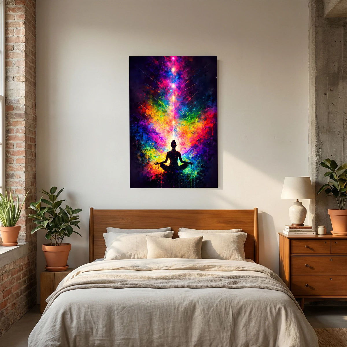Hochformatiges Poster mit sitzender Meditationsfigur und leuchtenden Farben im Hintergrund