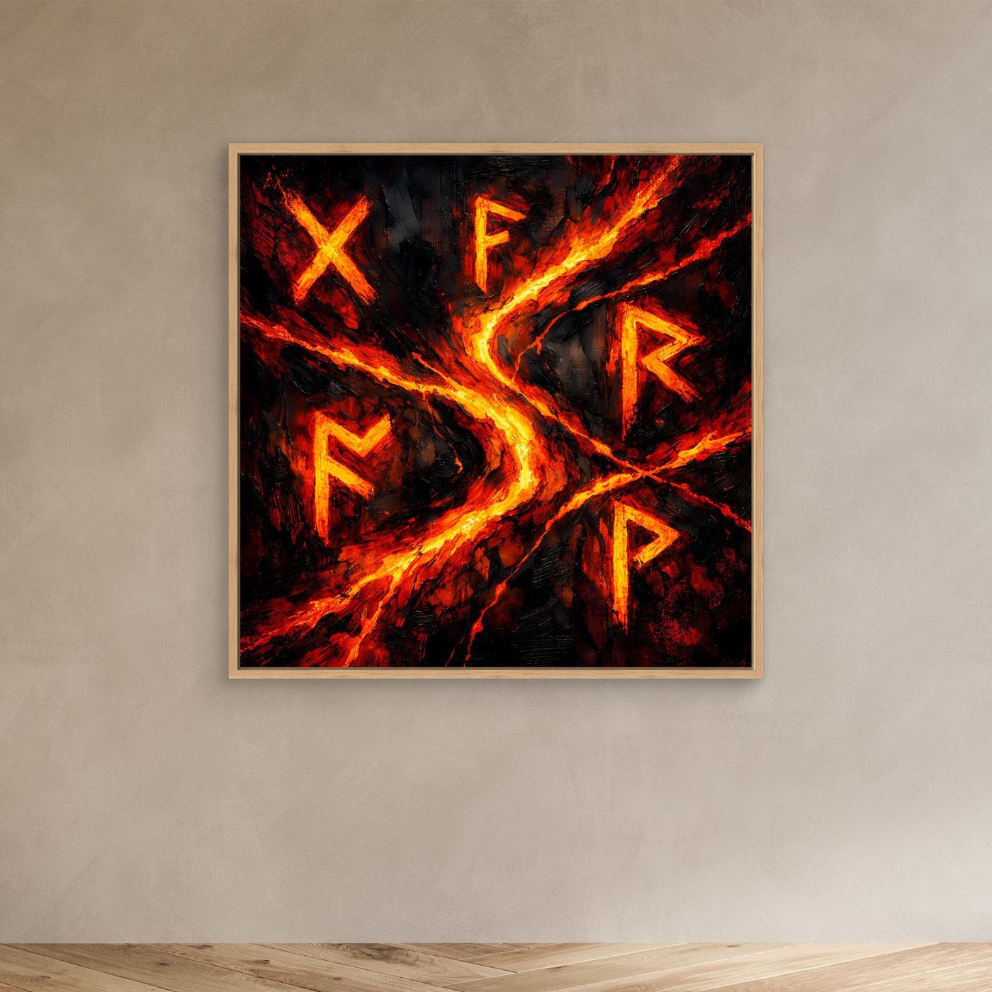Wandbild mit mystischen Runen, mit Eichenholzrahmen; schwarzer Hintergrund, leuchtende Rot-Orange Flammen