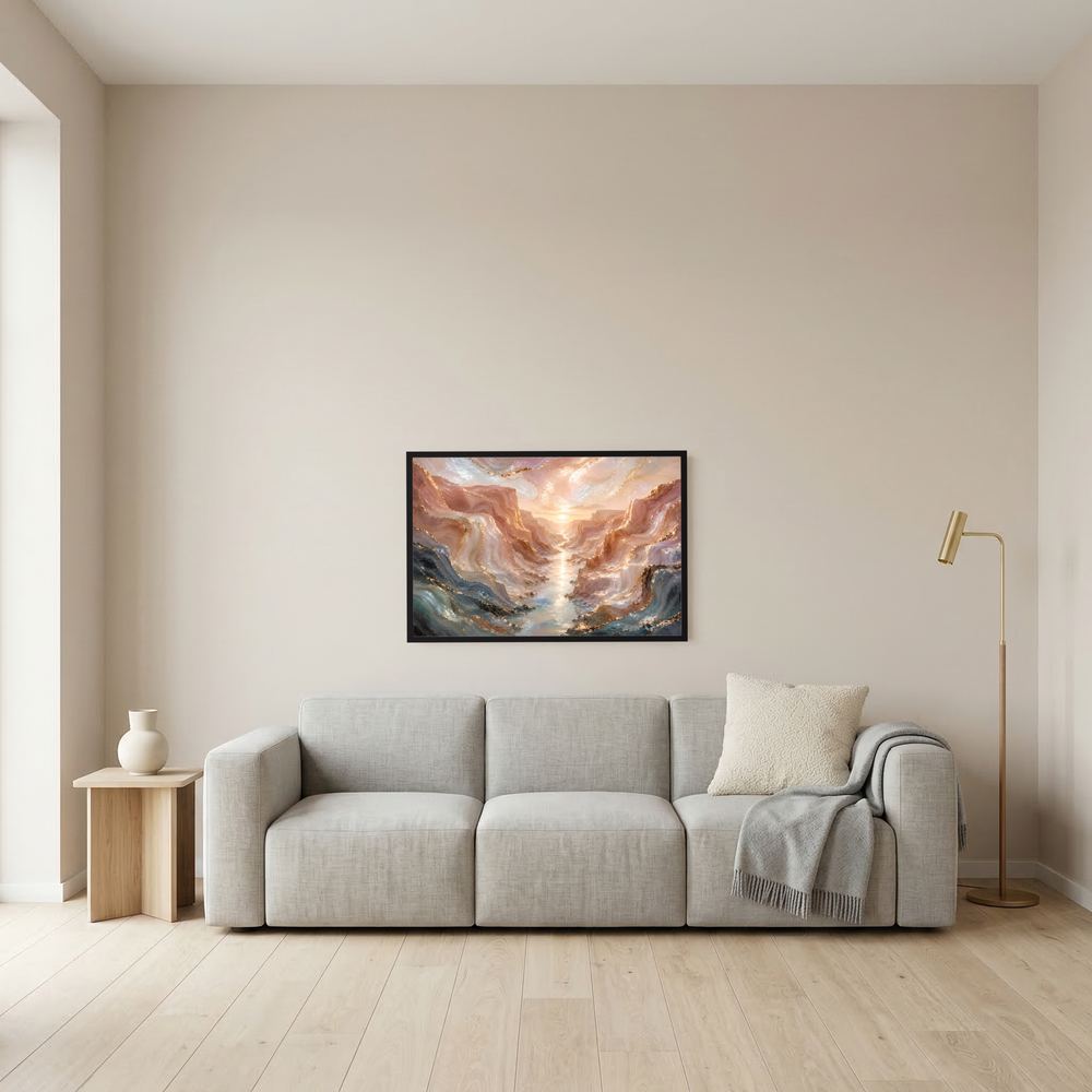 Kleines Poster im schwarzen Rahmen: abstrakte Canyonlandschaft mit Fluss in Roségoldtönen