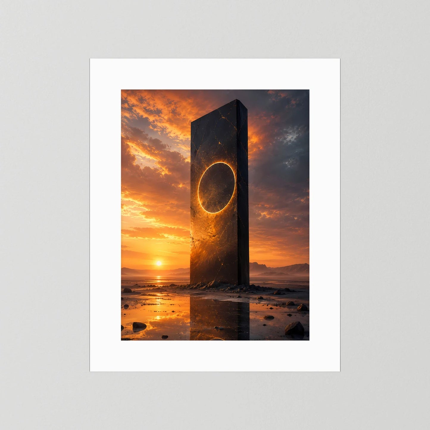 Hochformat-Poster mit weißer Einfassung, Monolith mit goldenem Portal bei Sonnenuntergang.