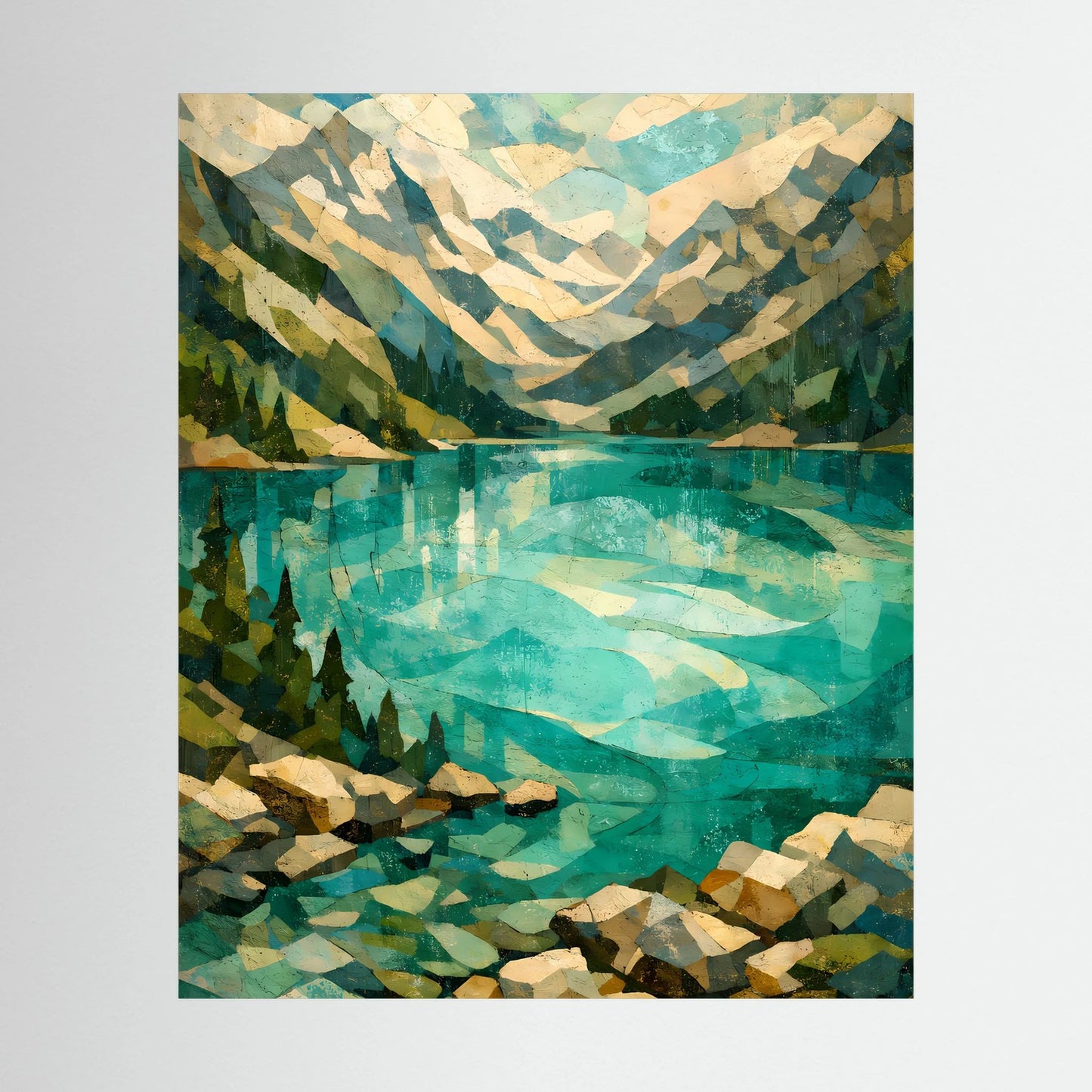 Kunstposter im Hochformat: abstrakte Alpenlandschaft in Türkis mit Spiegelung