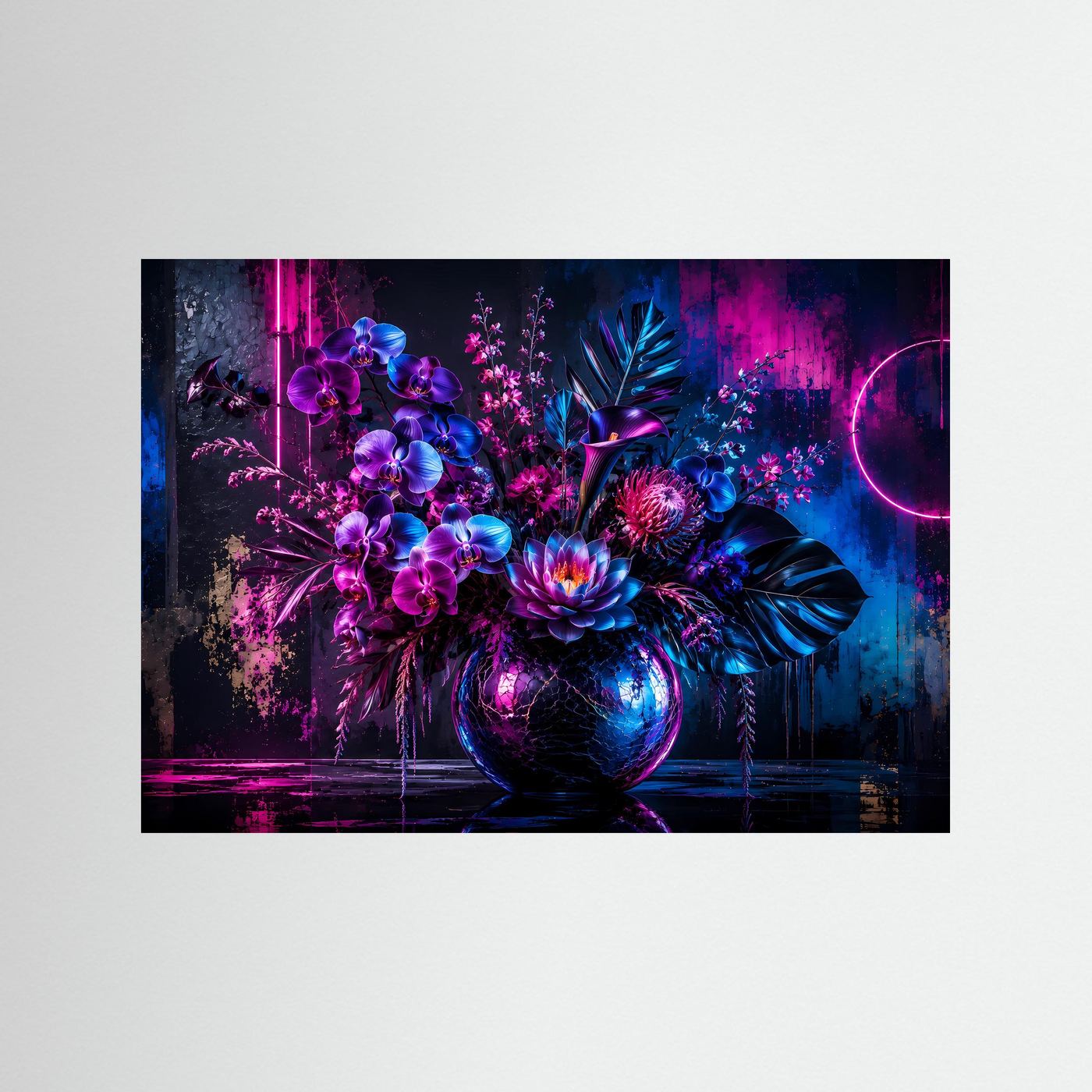 Neon Blumenstrauß Poster Querformat | Moderne Florale Wandkunst in Pink, Blau & Violett | Futuristisches Blumen Wandbild